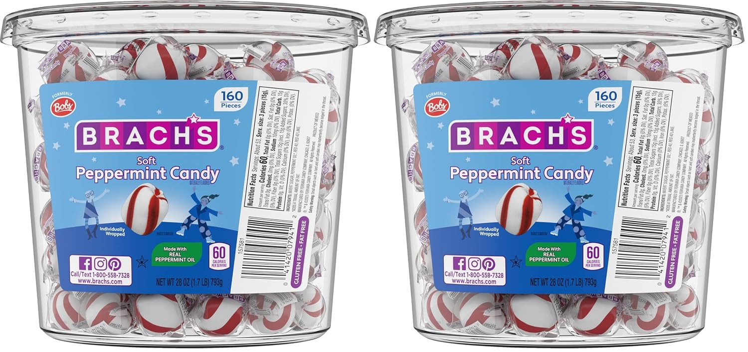 Brach's Sweet Stripes Soft Peppermint Candy, Individually Wrapped, 350 Ct | Melt-away soft peppermint mints, red & white, real peppermint oil, individually wrapped, party, candy dish