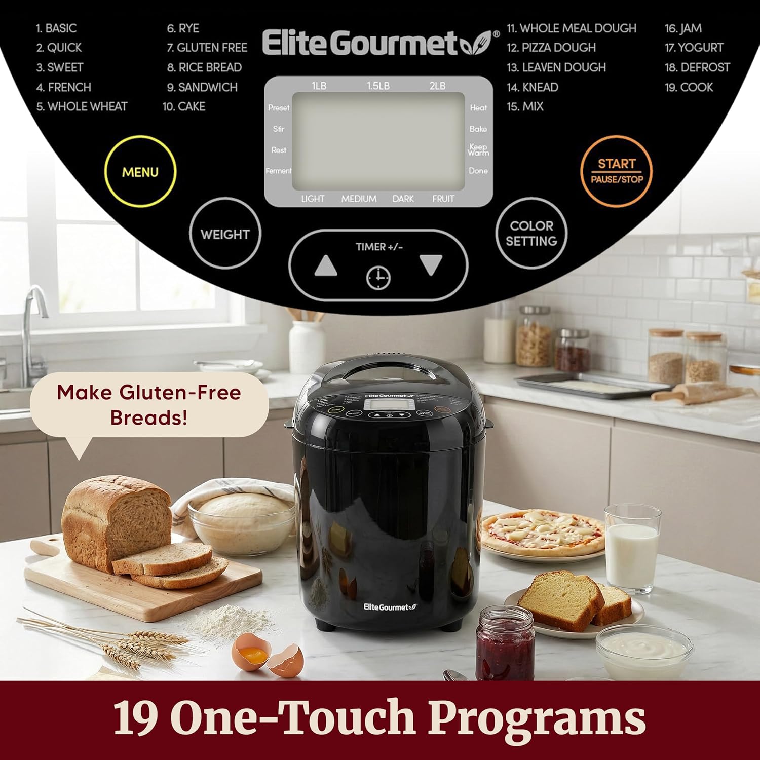 Elite Gourmet Programmable Bread Maker, 2 Lb, 3 Sizes, 19 Presets, Black