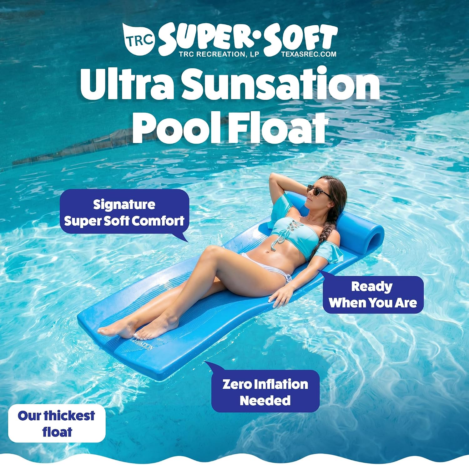 TRC Recreation Ultra Sunsation 2.5” Thick Vinyl Coated Foam Swimming Pool Float Mat Adult Lounger with Built-in Roll Pillow