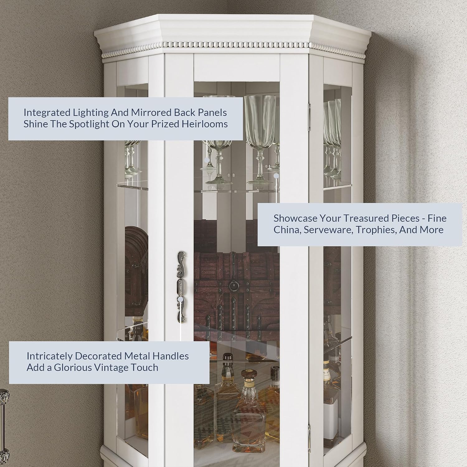BELLEZE Lighted Wooden Corner Display Curio Cabinet, Two Section Shelving Unit with Tempered Glass Door