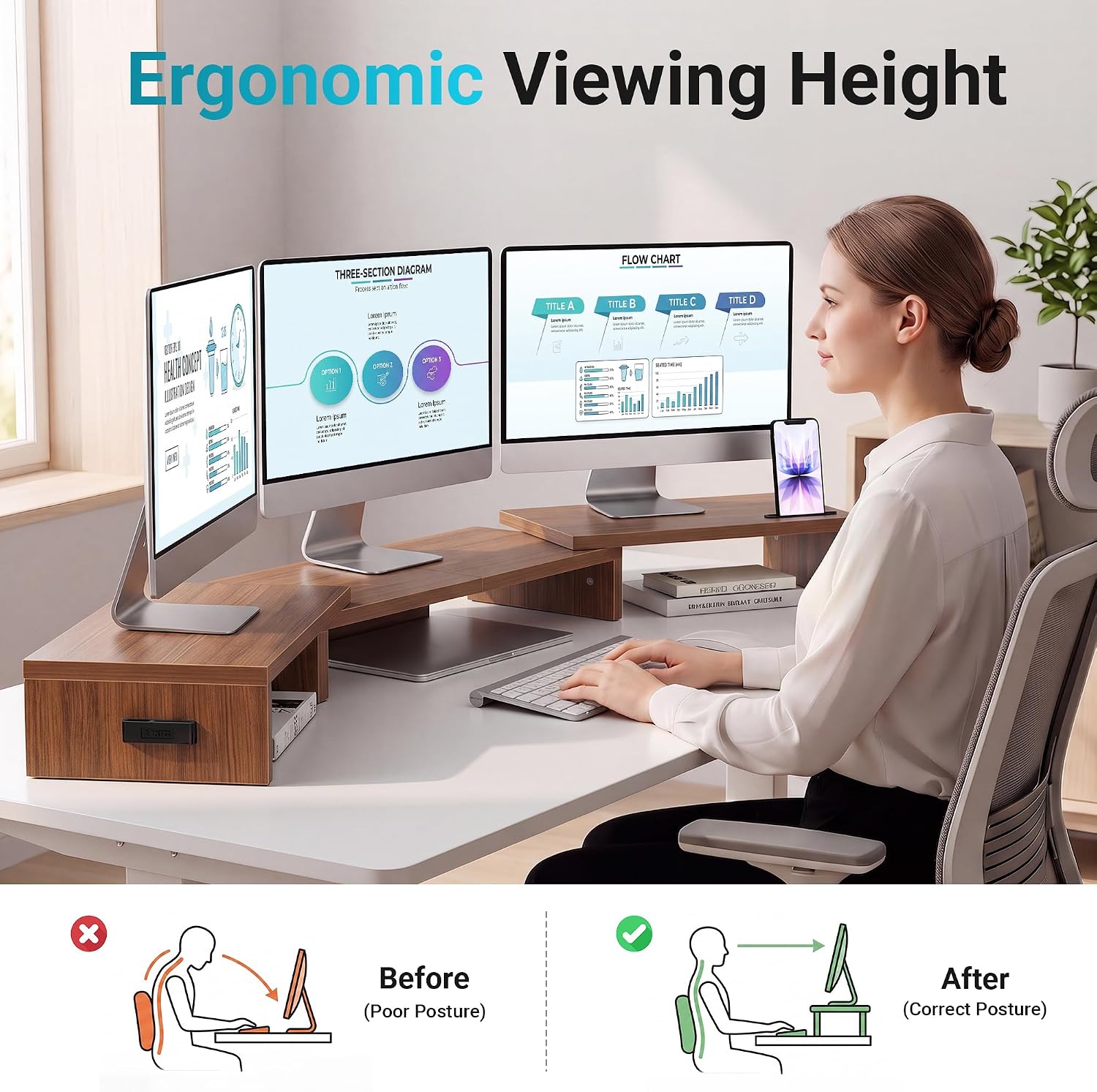 BONTEC Dual Monitor Stand Riser, Adjustable Length & Swivel Angle, Black