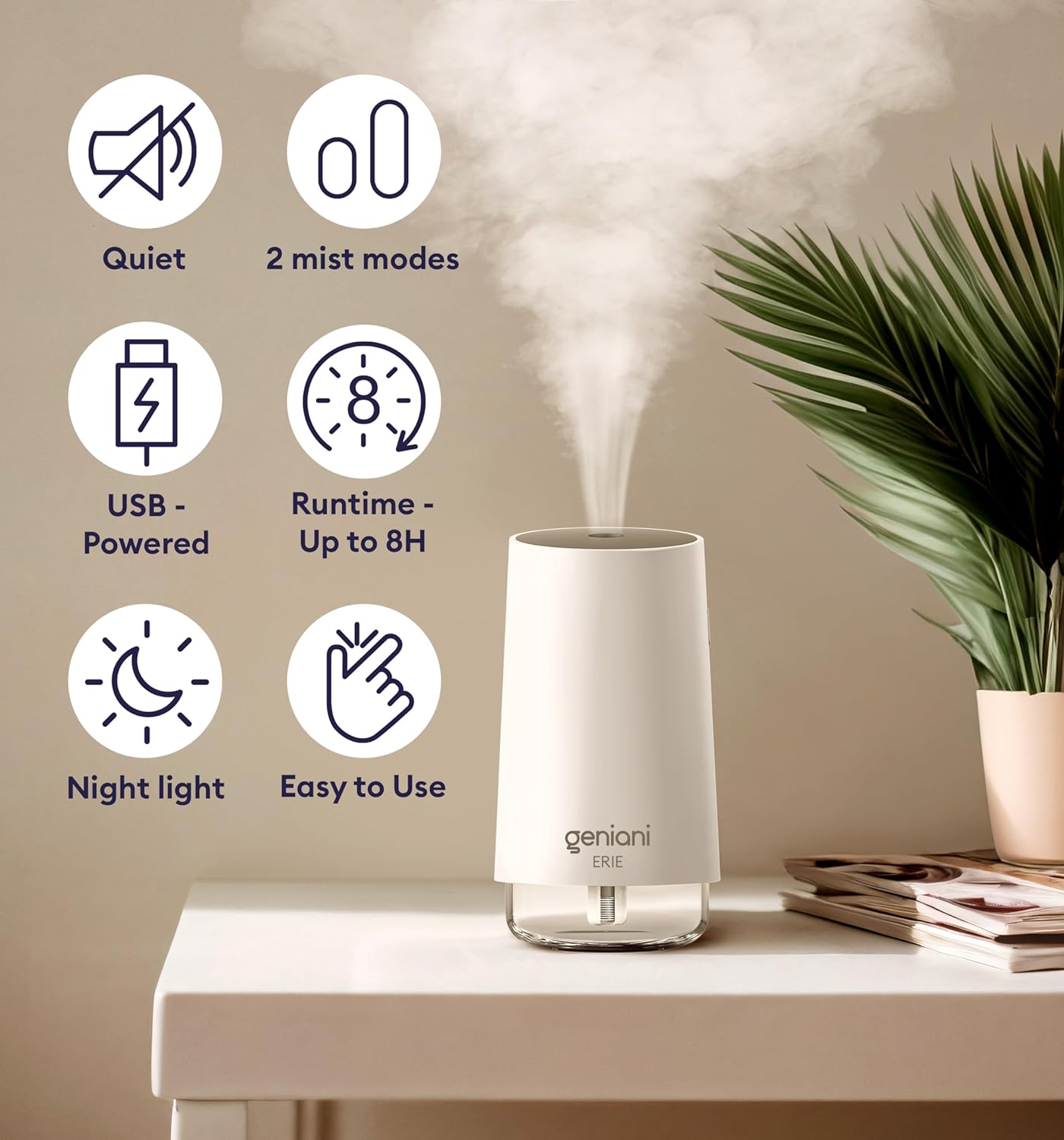GENIANI Portable Cool Mist Humidifiers for Bedroom & Office - Ultrasonic Humidifier for Home, Baby, Small Room with Auto Shut Off