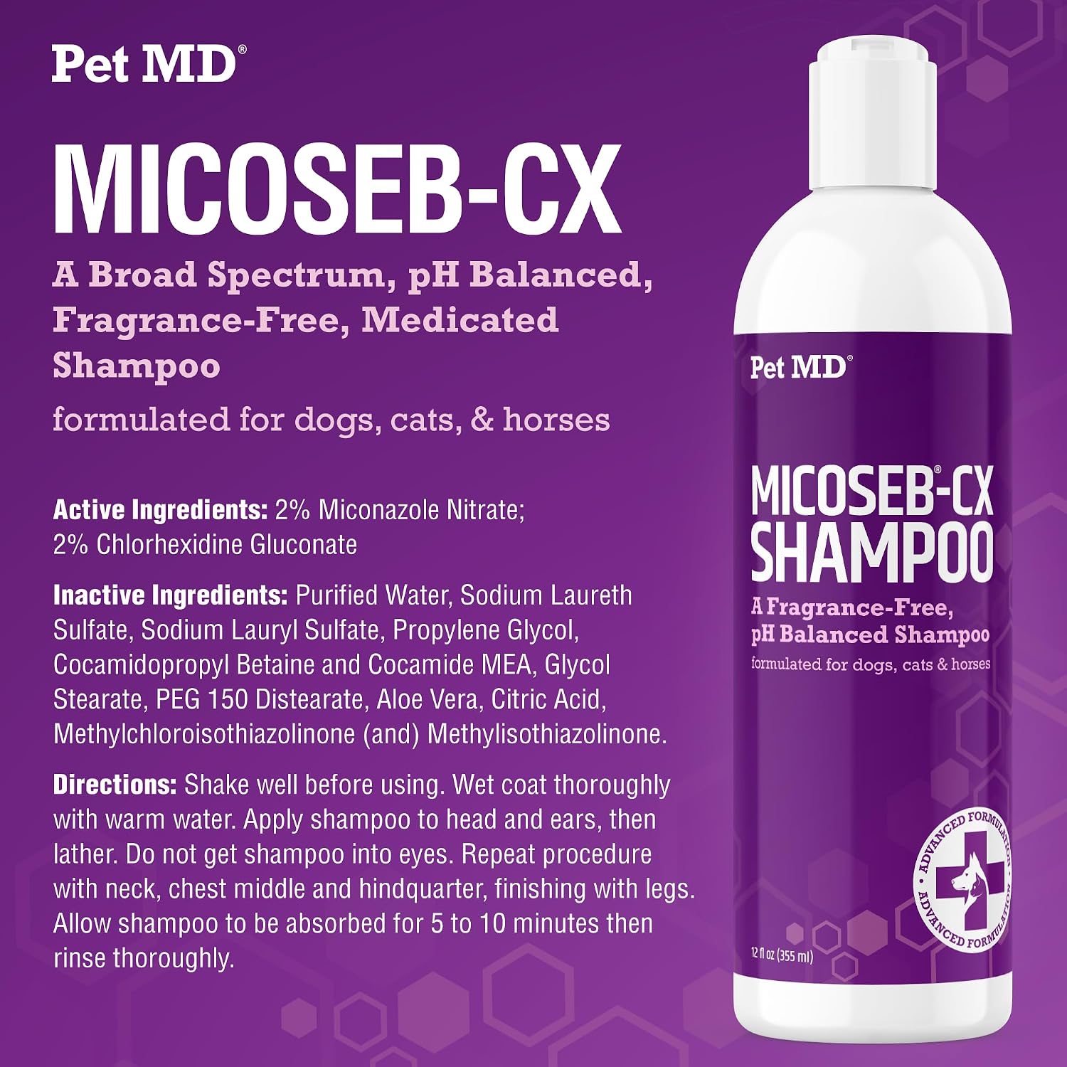 Pet MD Micoseb-CX Topical Shampoo for Dogs, Cats, & Horses - 12oz