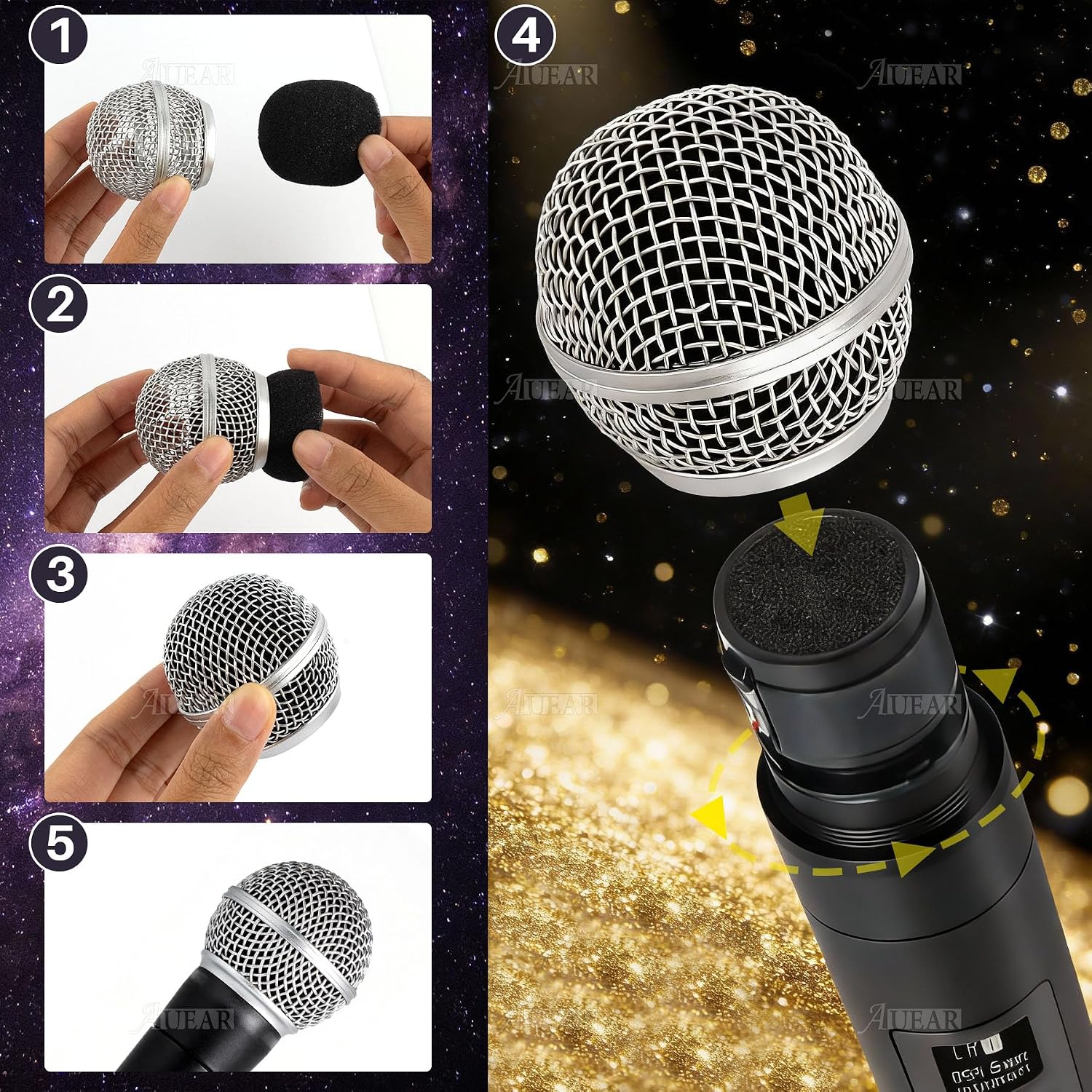 AUEAR, 2 Pack Microphone Grill Grille Ball Head Replace for SM58 BETA58 SM58LC SA-M30 SV100 RK143G Pgx2 Slx2