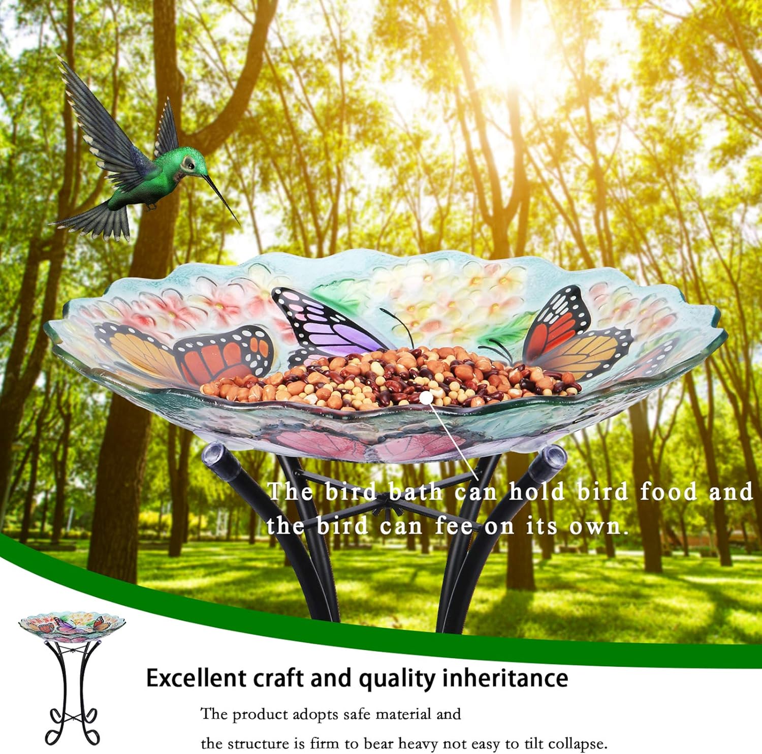 VCUTEKA Glass Bird Bath Outdoor with Metal Stand, Bird Feeder Garden Decor