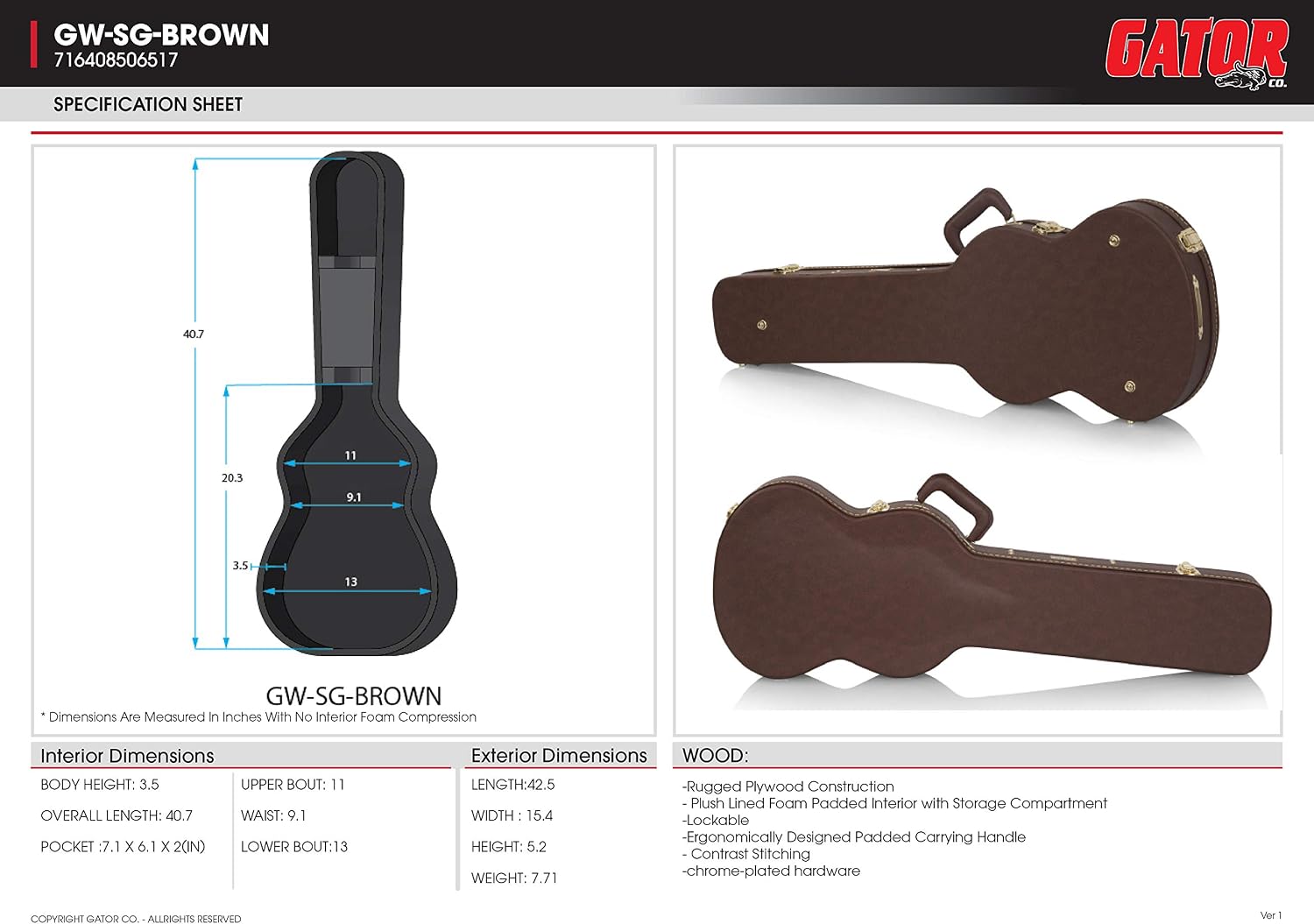Gator Cases Deluxe Wood Case for SG Electric Guitars; Brown Exterior (GW-SG-BROWN)