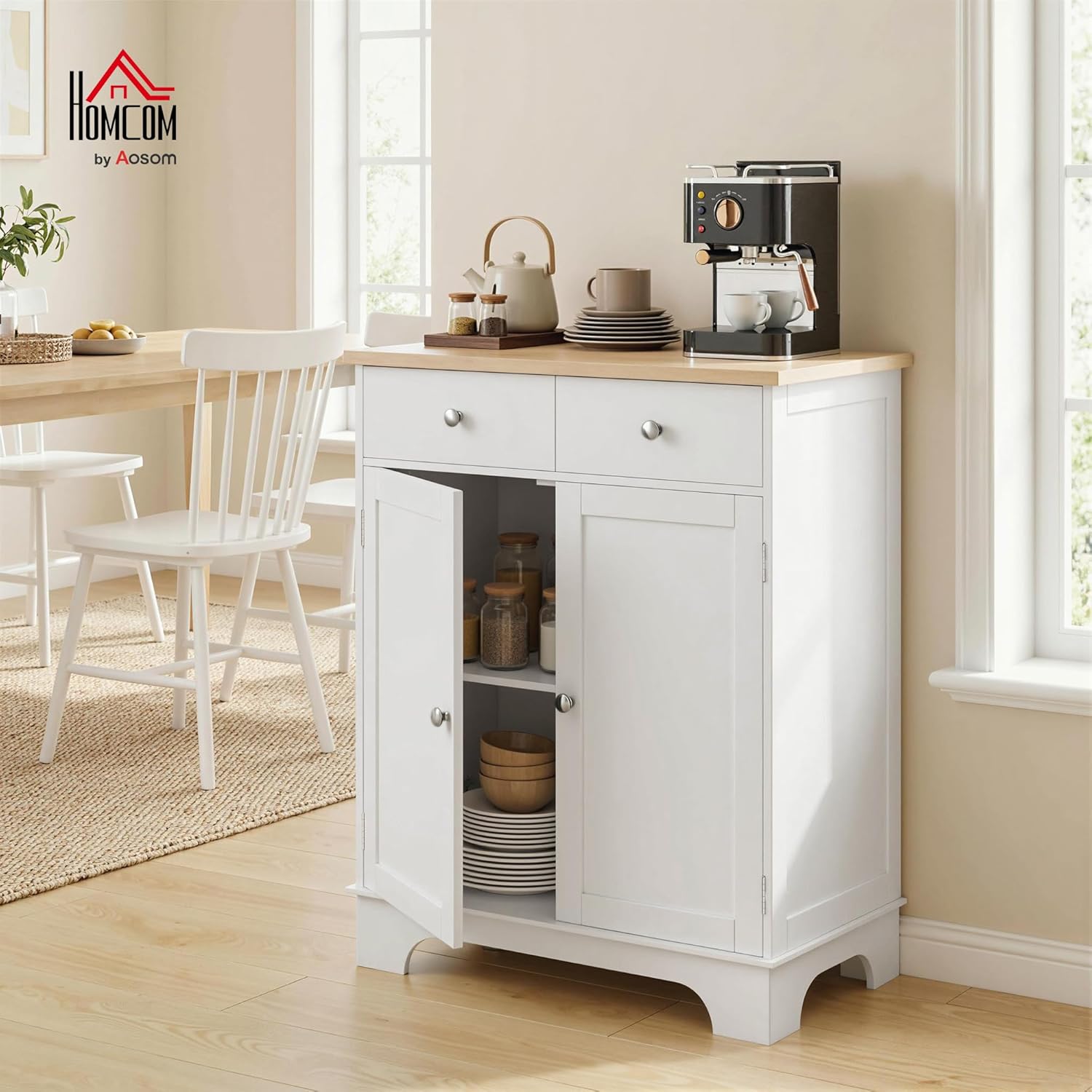 HOMCOM Sideboard Buffet Cabinet Solid Wood Countertop White