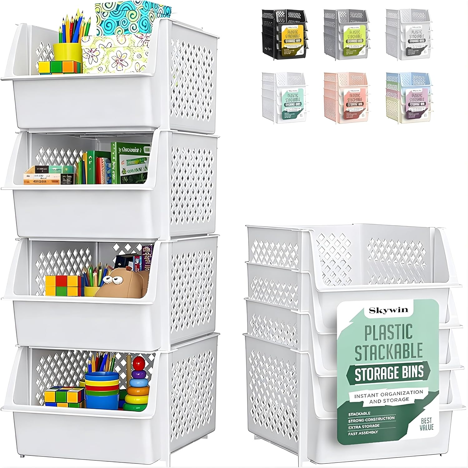 Skywin Stackable Storage Bins Open Front for Pantry Storage, 4 Pack - Black
