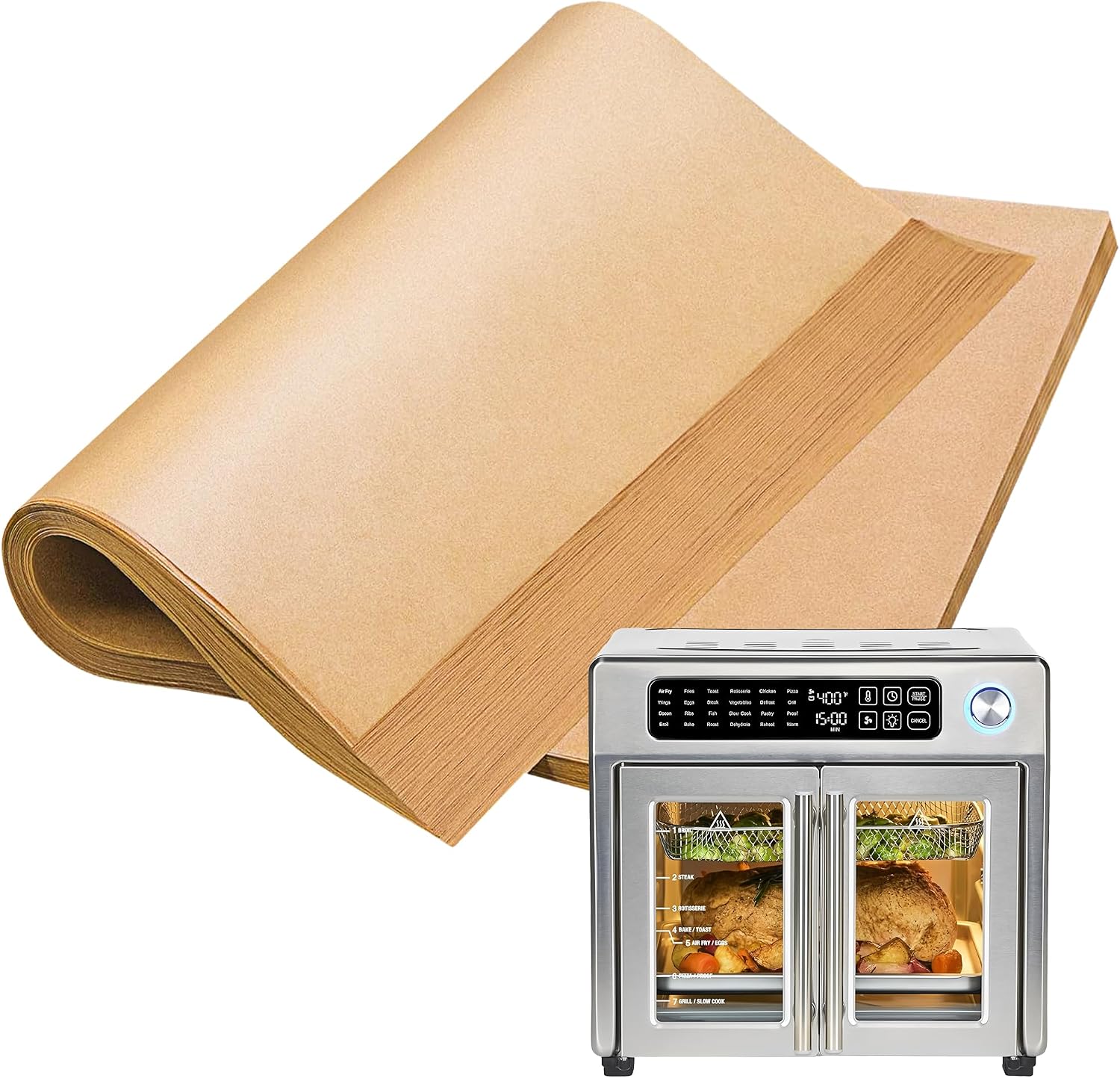120PCS Air Fryer Liners Disposable for Emeril Lagasse 26QT Air Fryer | Unbleached Non-Stick Parchment Paper Sheets Accessories for Emeril Lagasse French Door 360 Air Fryer 26QT Toaster Oven