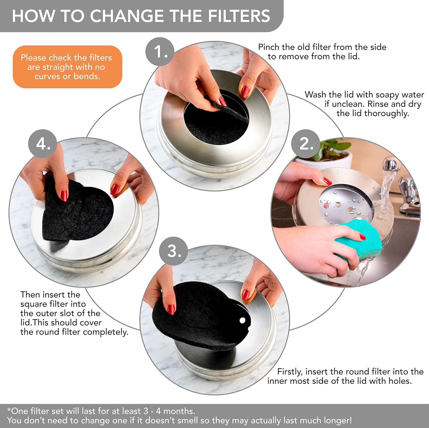 RED FACTOR Premium Compost Bin for Kitchen Countertop - Stainless Steel Food Waste Bucket with Innovative Dual Filter Technology - Includes Spare