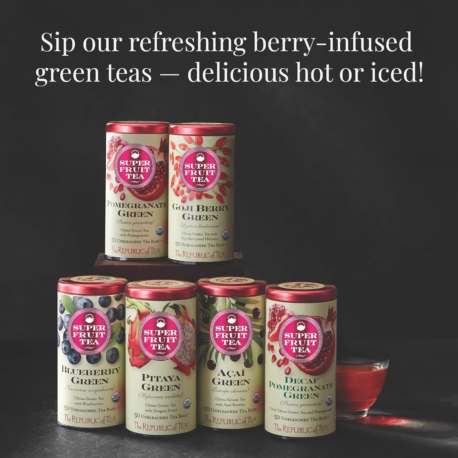 The Republic of Tea SuperFruit Blueberry Green Tea, Low Caffeine, 50 Count | A gentle cup for everyday sipping. Fresh with notes of juicy fruit and sweet-tart apple.