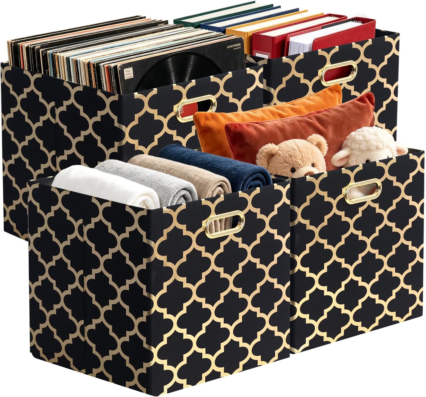 Posprica Storage Bins, Storage Cubes,13×13 Fabric Drawers Organizer Basket Boxes Containers (13×13×13/4pcs, Cream/gold geometry Pattern)