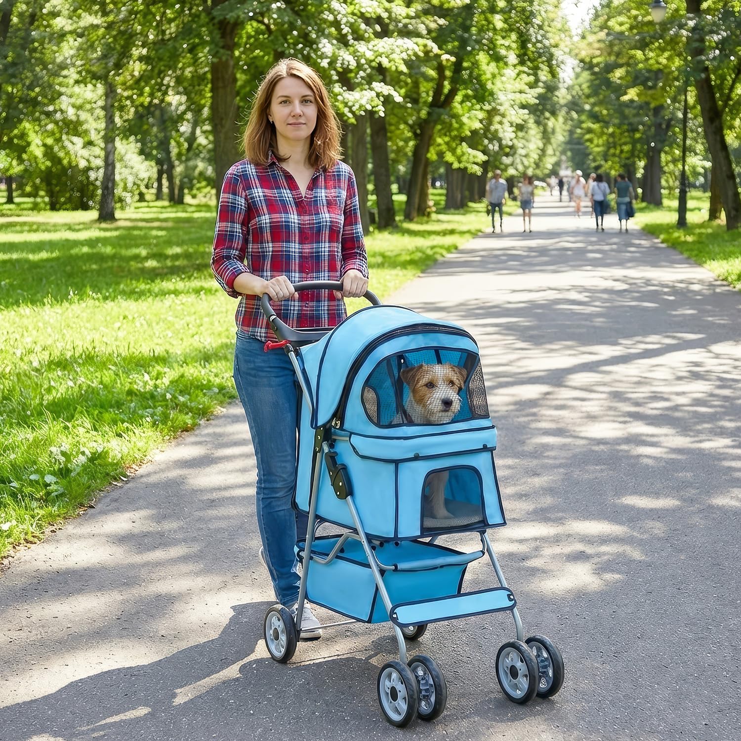 BestPet | 4-Wheel Foldable Pet Stroller | Black | Lightweight & Portable | Travel Carrier with Mesh Windows, Storage Basket, Cup Holder, Safety Brakes, and Waterproof Fabric | For Small Dogs and Cats