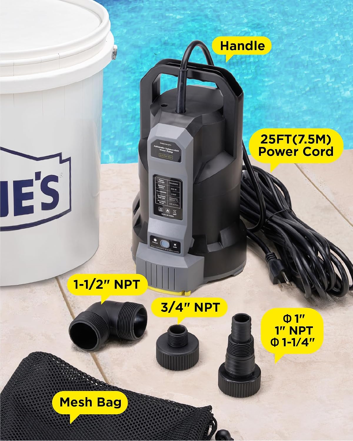 InoKraft E-Float Automatic Sump Pump with Auto/Manual Mode, Black | 1/2HP, 2500 GPH Submersible, Mesh Bag, Universal Hose Adapters