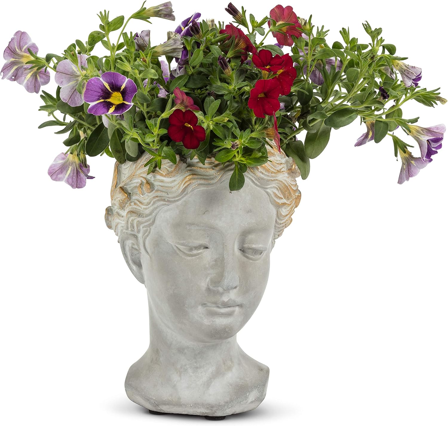 Abbott Collection Large Woman Head Planter | Hand-Finished Greco-Roman Style, Indoor & Outdoor, For Flowers & Succulents, Cement, Gray, 10"H