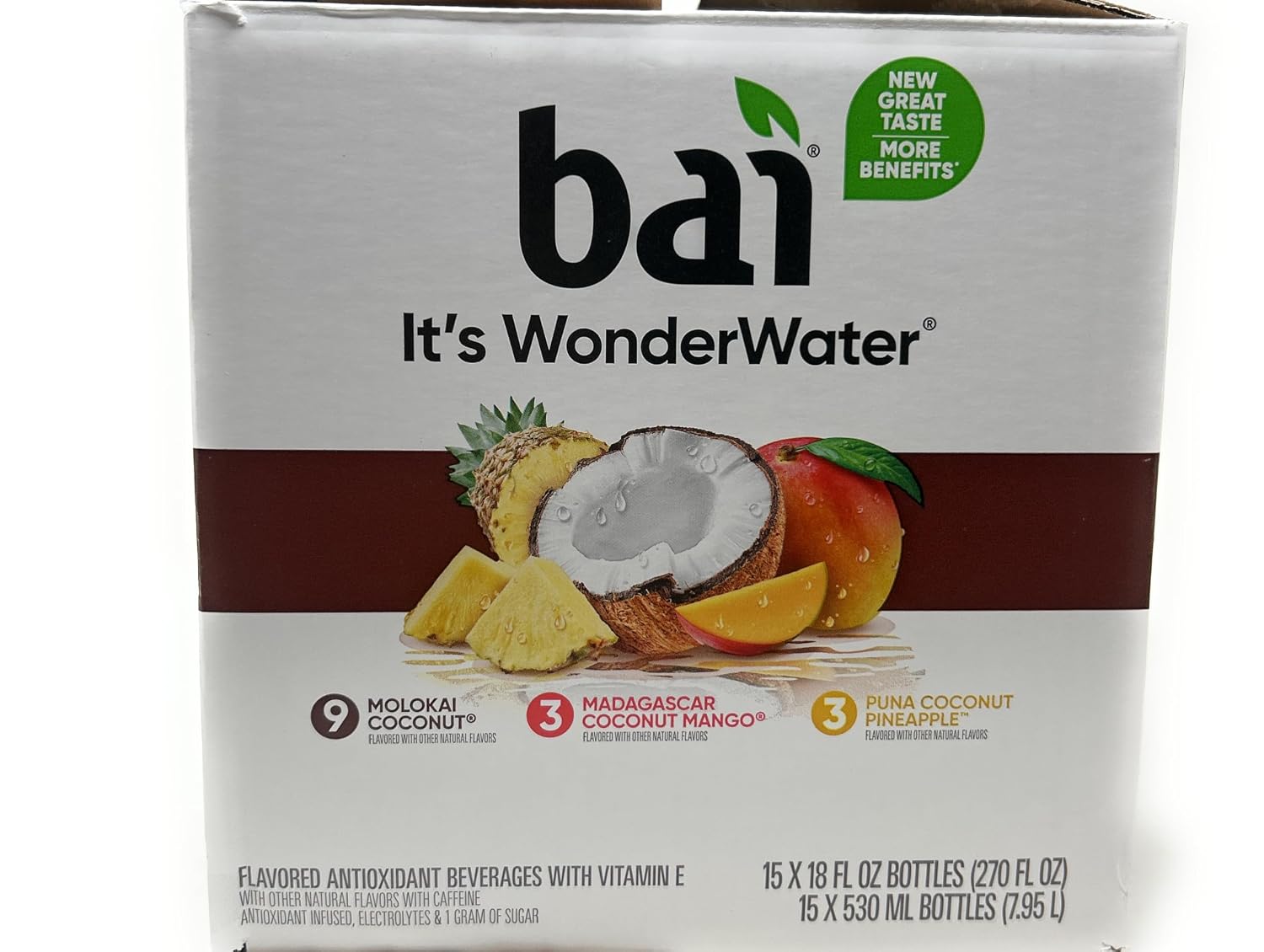 Bai WonderWater Coconut Variety Pack, 18oz bottles - pack of 15 (Molokai Coconut, Madagascar Coconut Mango, Puna Coconut Pineapple)