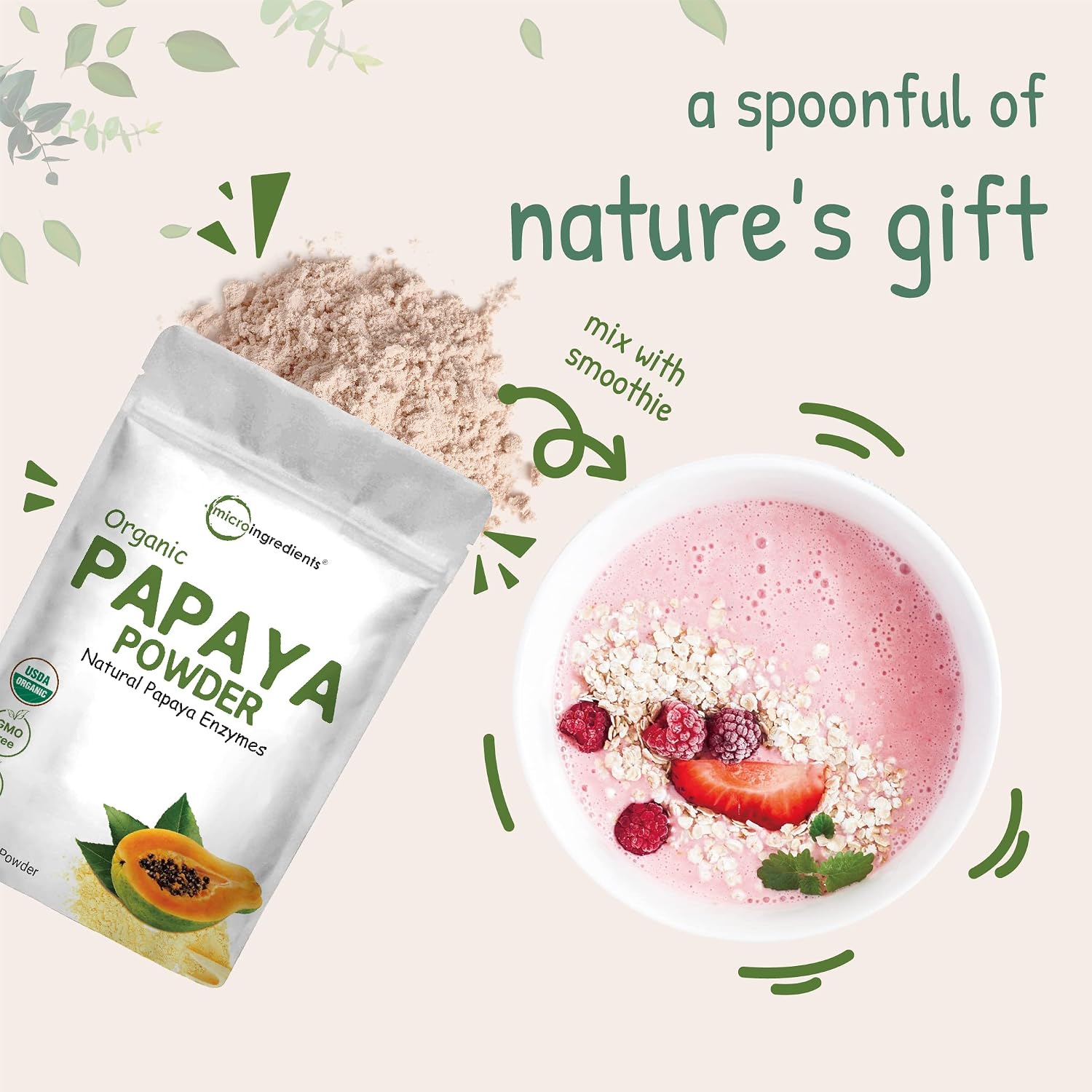 Micro Ingredients Organic Papaya Powder, 8 oz | No Fillers or Additives | Raw Superfood, Natural Papaya Enzymes | Great for Smoothies, Desserts, Juice