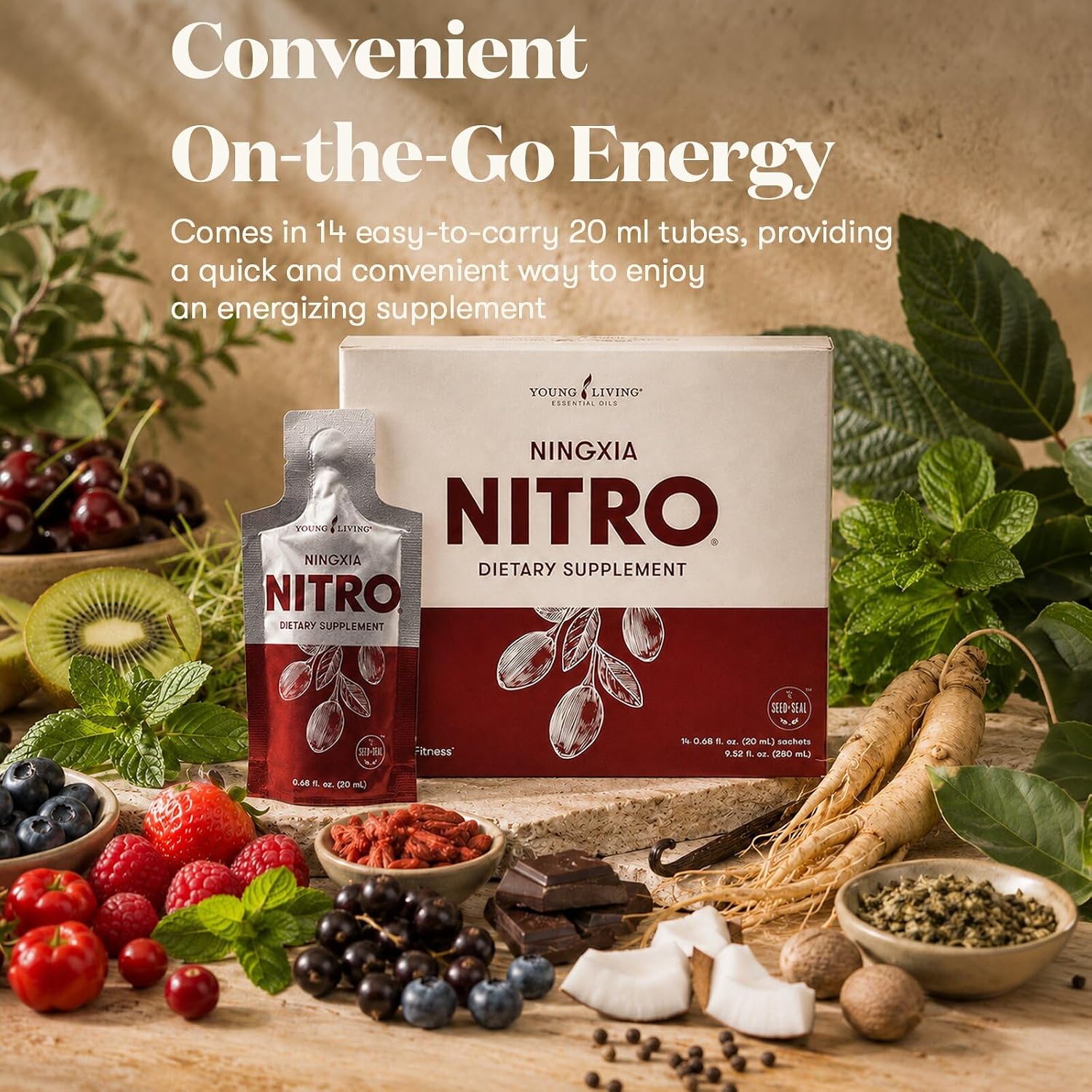 Young Living NingXia Nitro | 1 Pack (14 Sachets) | Energizing Wolfberry Drink with Green Tea & Korean Ginseng | Supports Focus