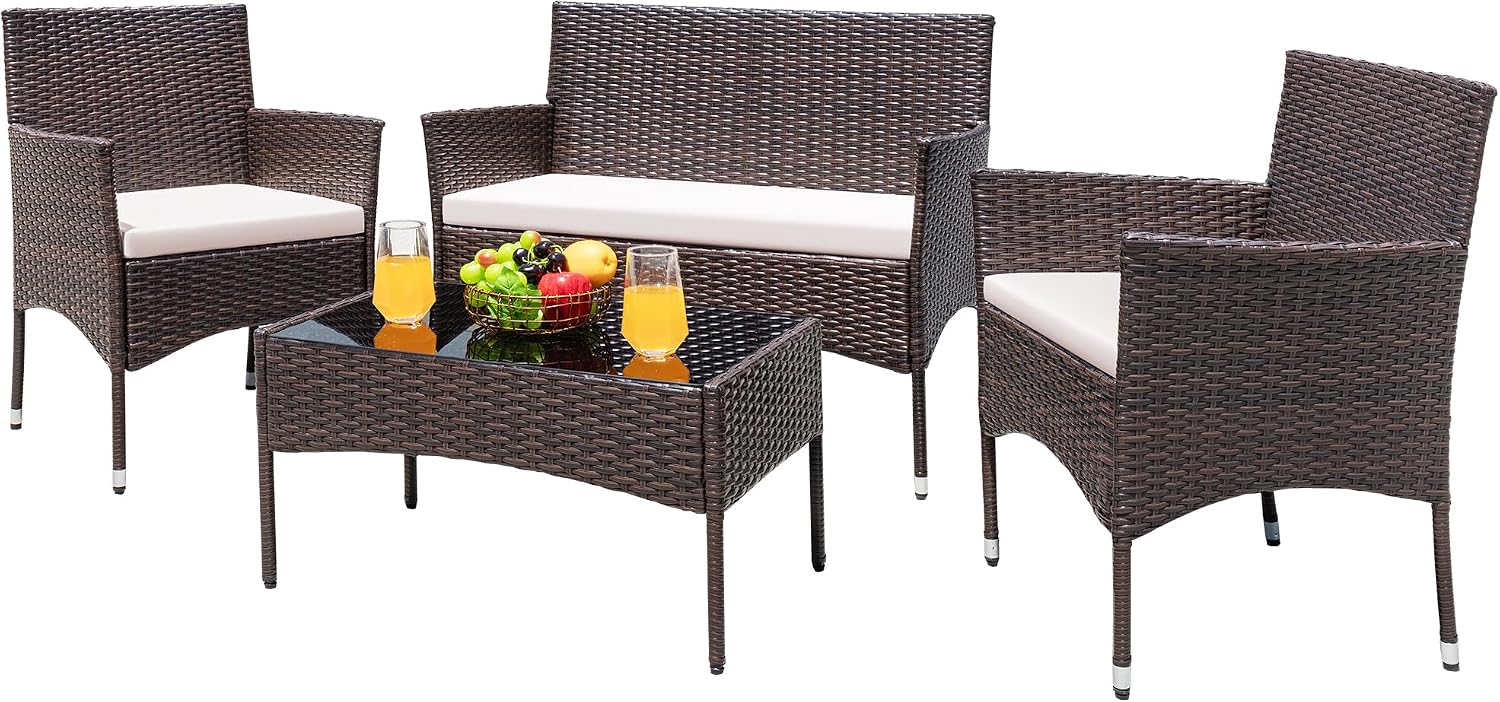 Greesum Patio Furniture 4 Pieces Conversation Sets,Brown and Beige