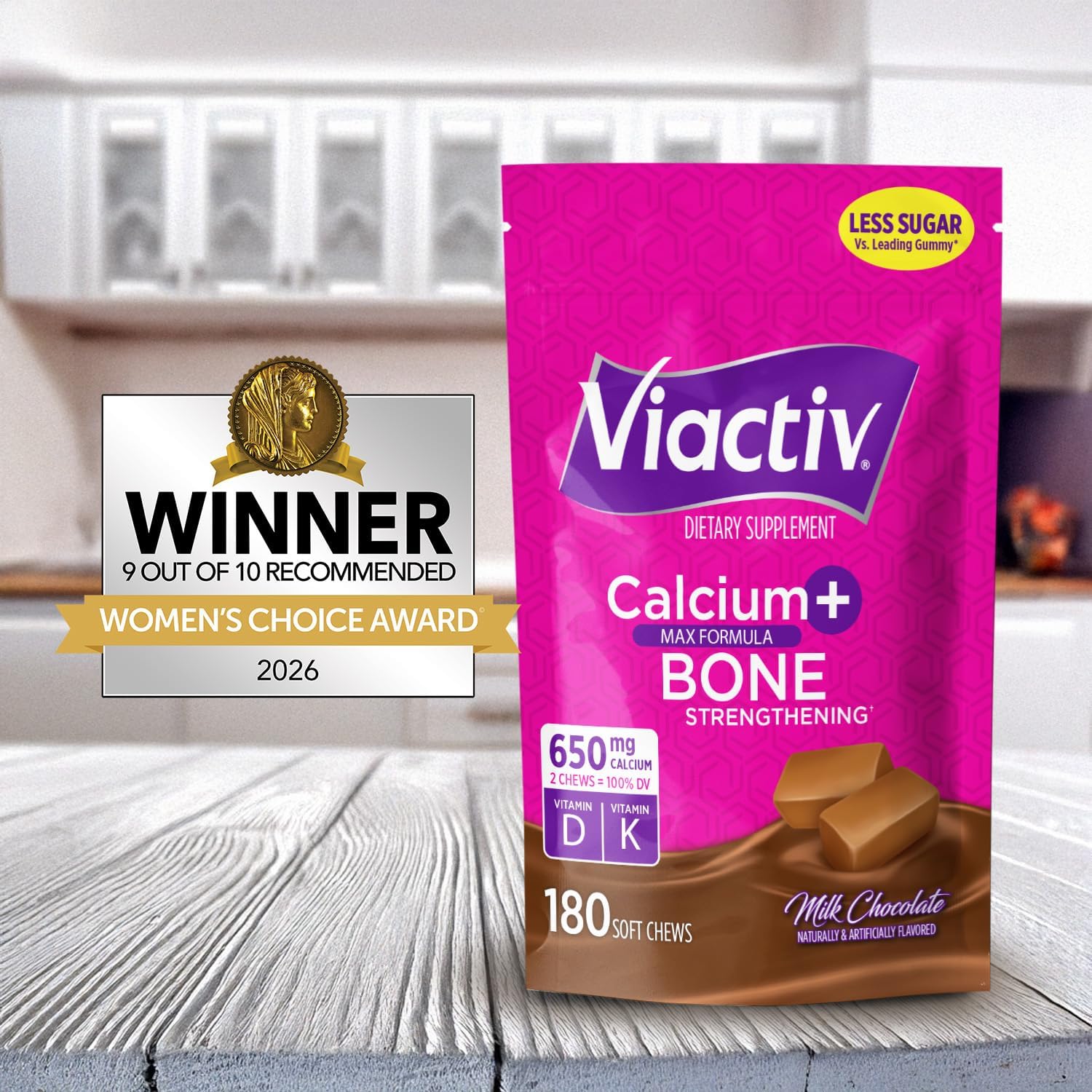 Viactiv Calcium + Vitamin D Supplement Soft Chews for Women & Men - Chewable Calcium for Bone Health Support, 650 mg per Serving, Vitamin D & K for High Absorption - 60 Count, Caramel