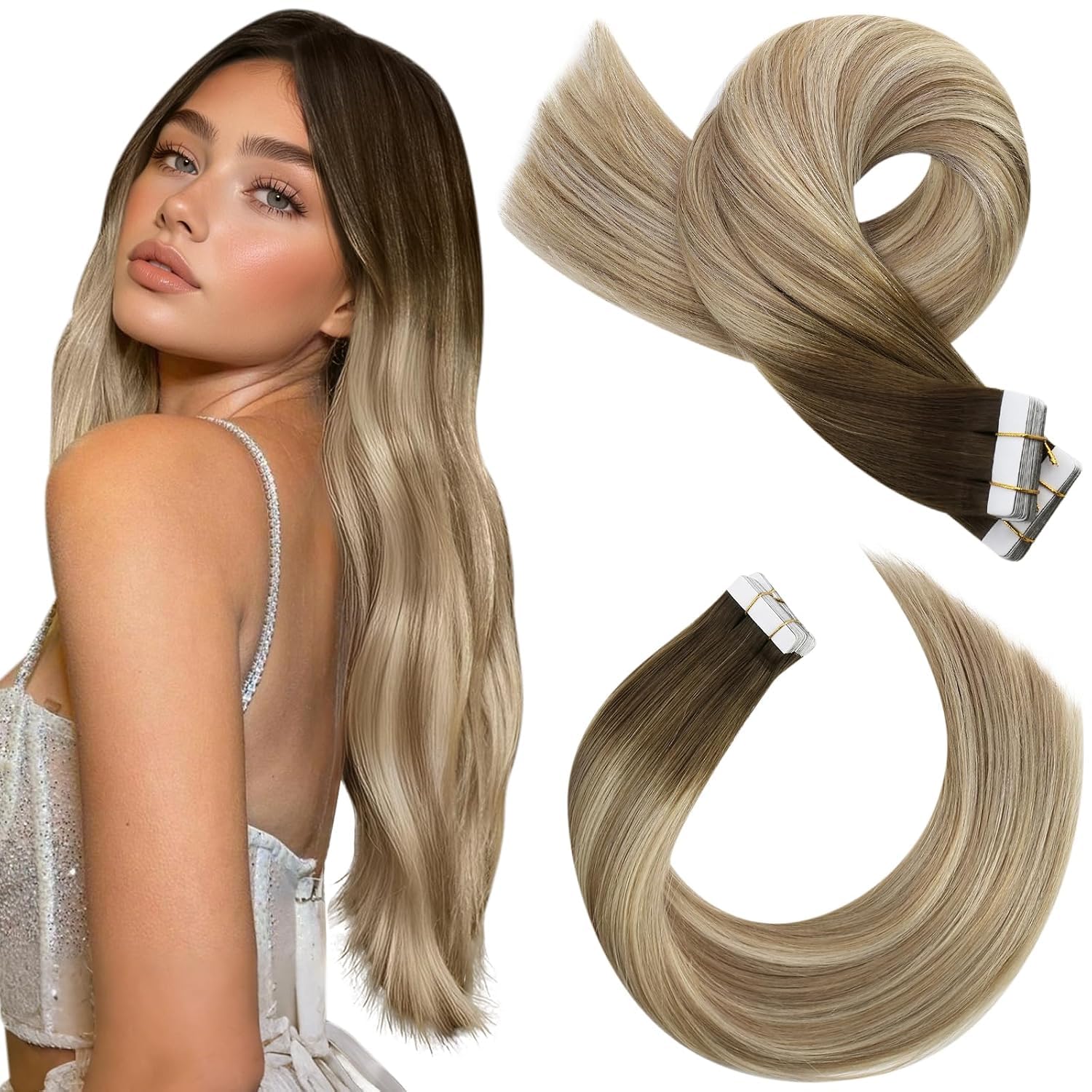 Moresoo Black Tape in Hair Extensions Human Hair, 18 Inch, 20Pcs, 50g