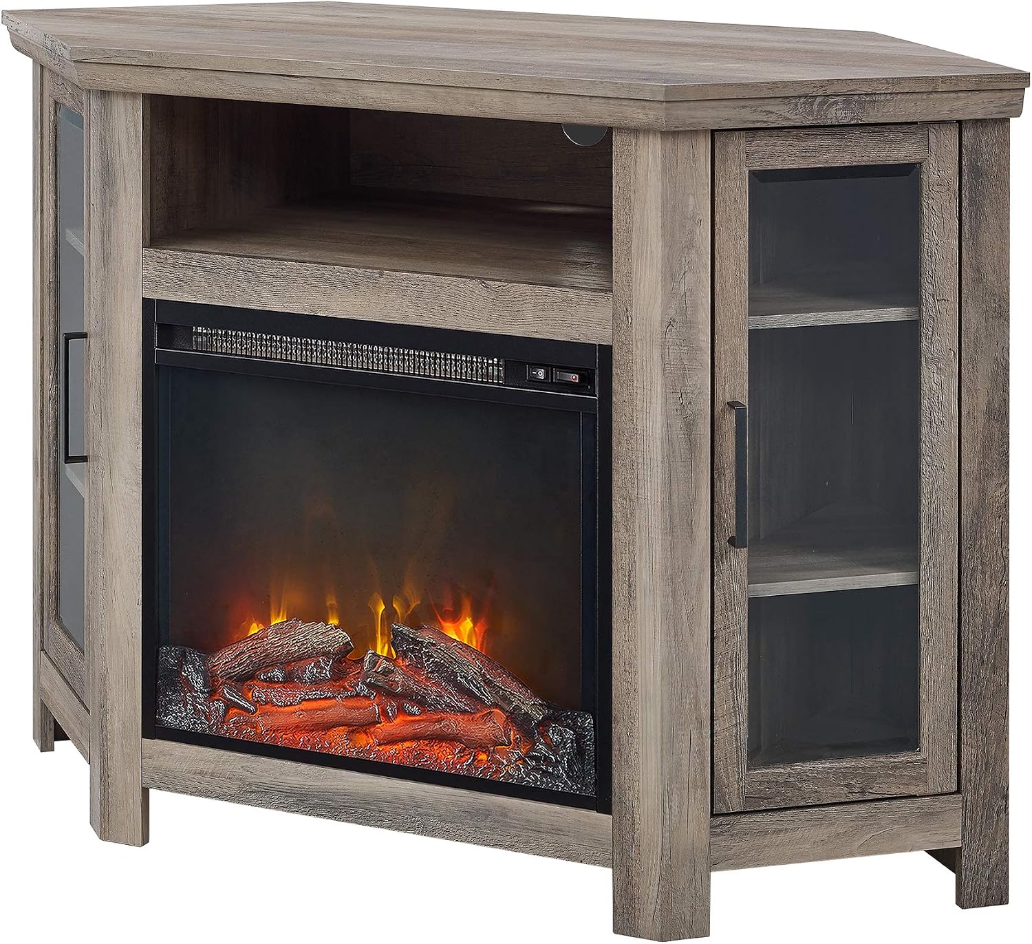 Walker Edison Alcott Classic Glass Door Fireplace Corner TV Stand for TVs up to 55 Inches, 48 Inch, White Oak