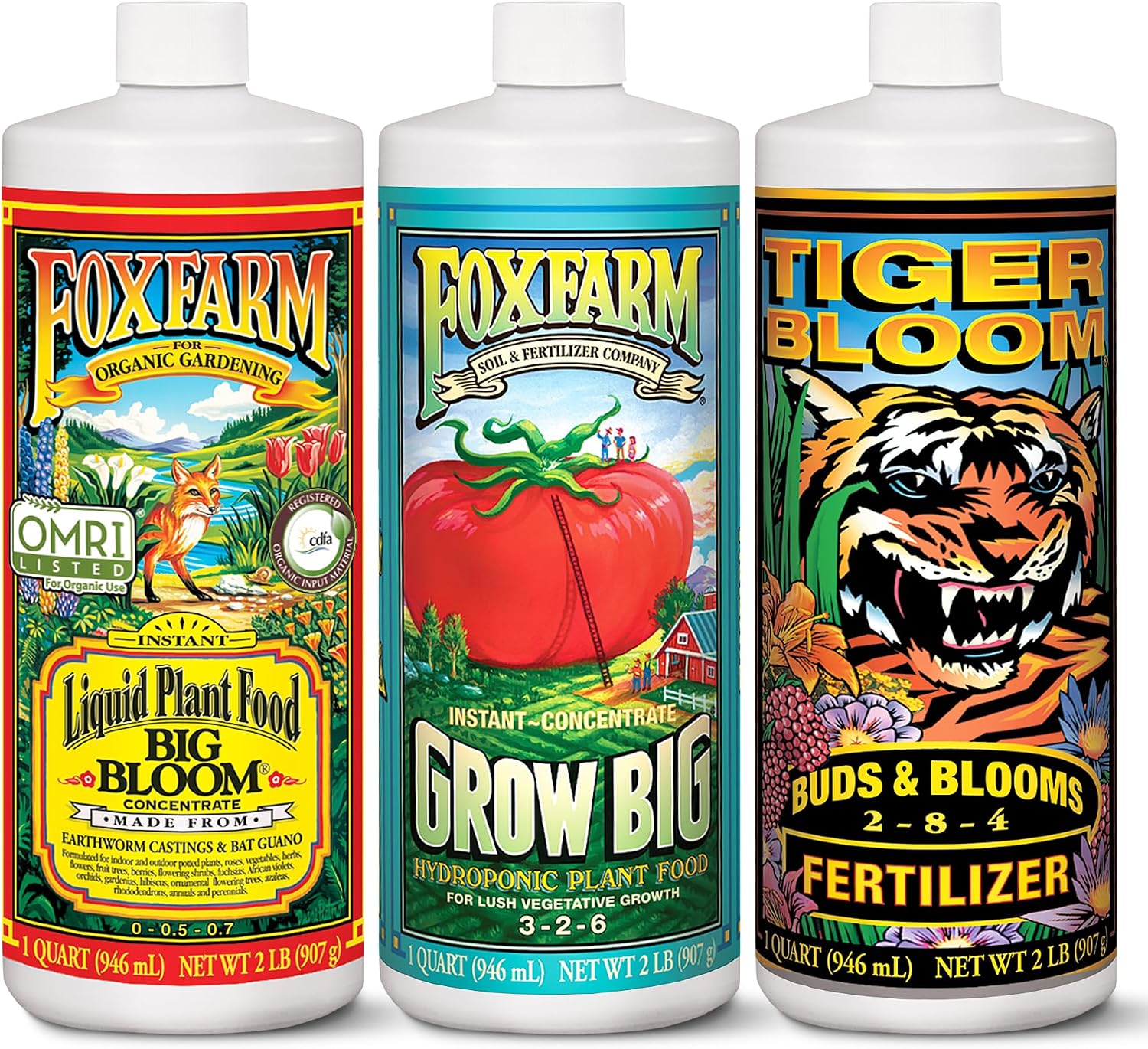 FoxFarm Hydro Liquid Trio Pack - Big Bloom, Grow Big Hydroponic, Tiger Bloom Fertilizers for Plant Growth, Bud Development & Abundant Fruit - Complete Hydroponic Plant Food Set - 3 Pint Bottles