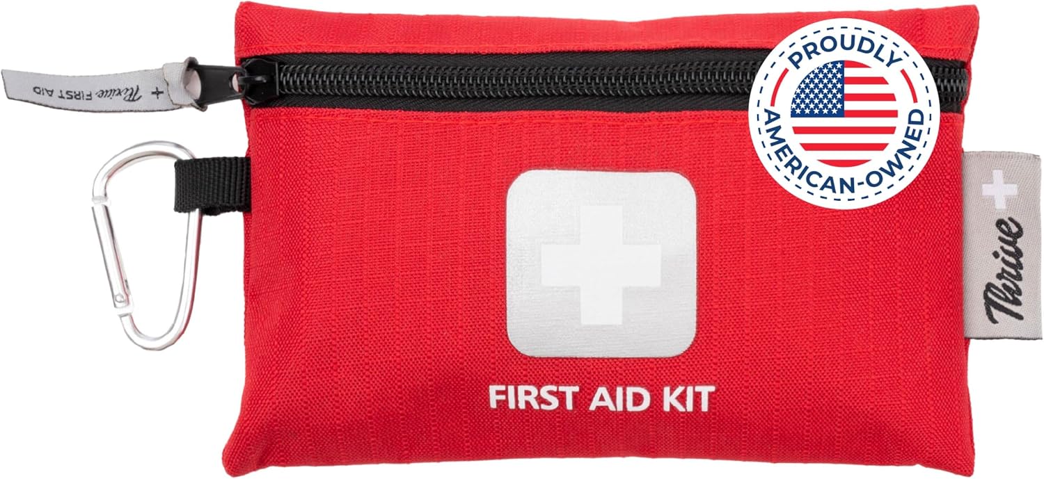 Thrive Mini First Aid Kit - Compact Travel Essentials Pack - Waterproof Camping Essentials Set - Portable Car First Aid Kit & Hiking Supplies Pouch - 66-Piece Set, Red Shell Case