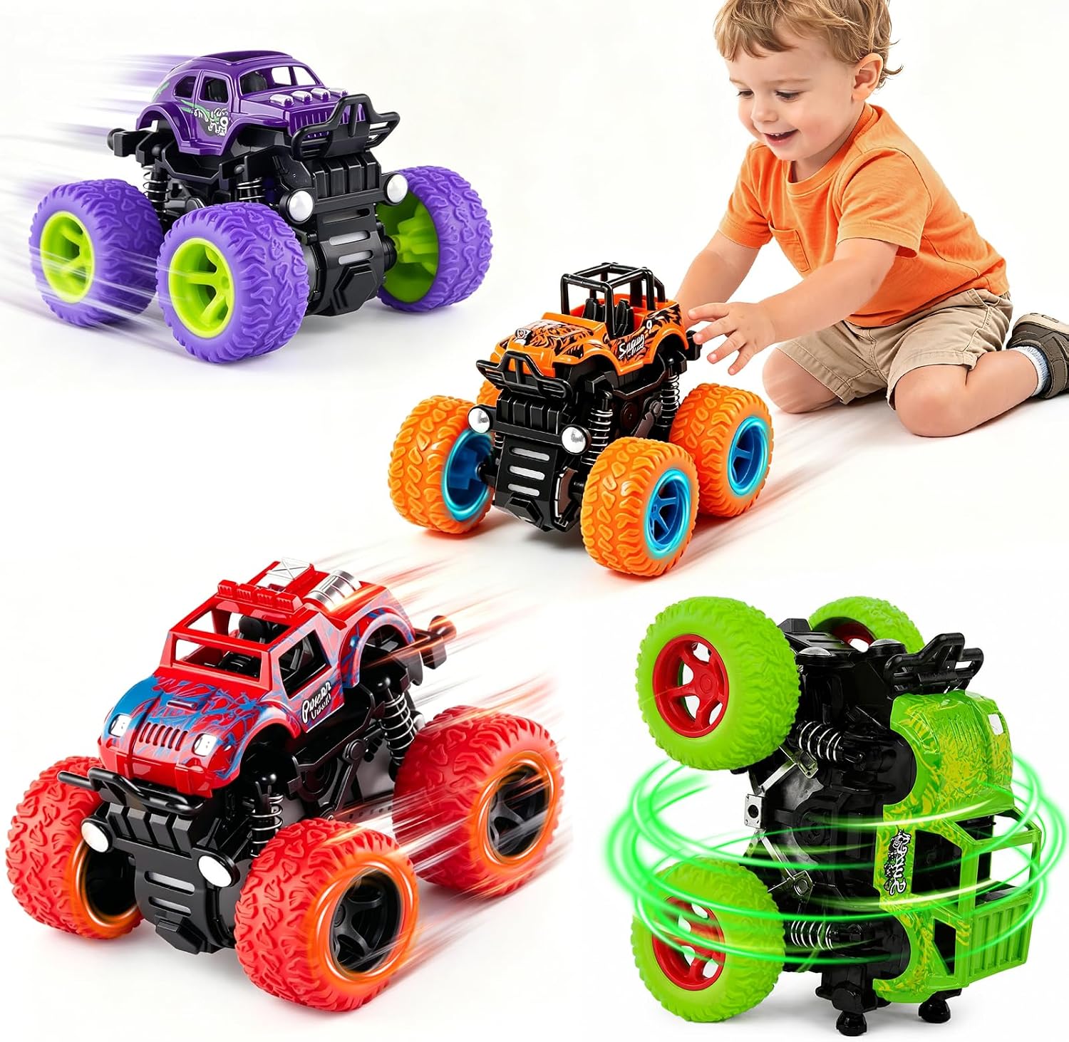4 Pack Monster Trucks Toys for Boys 2 3 4 5 6 7 Year Old, Friction Powered Pull Back Car Toys for Toddlers Kids Ages 3-5 2-4 4-7