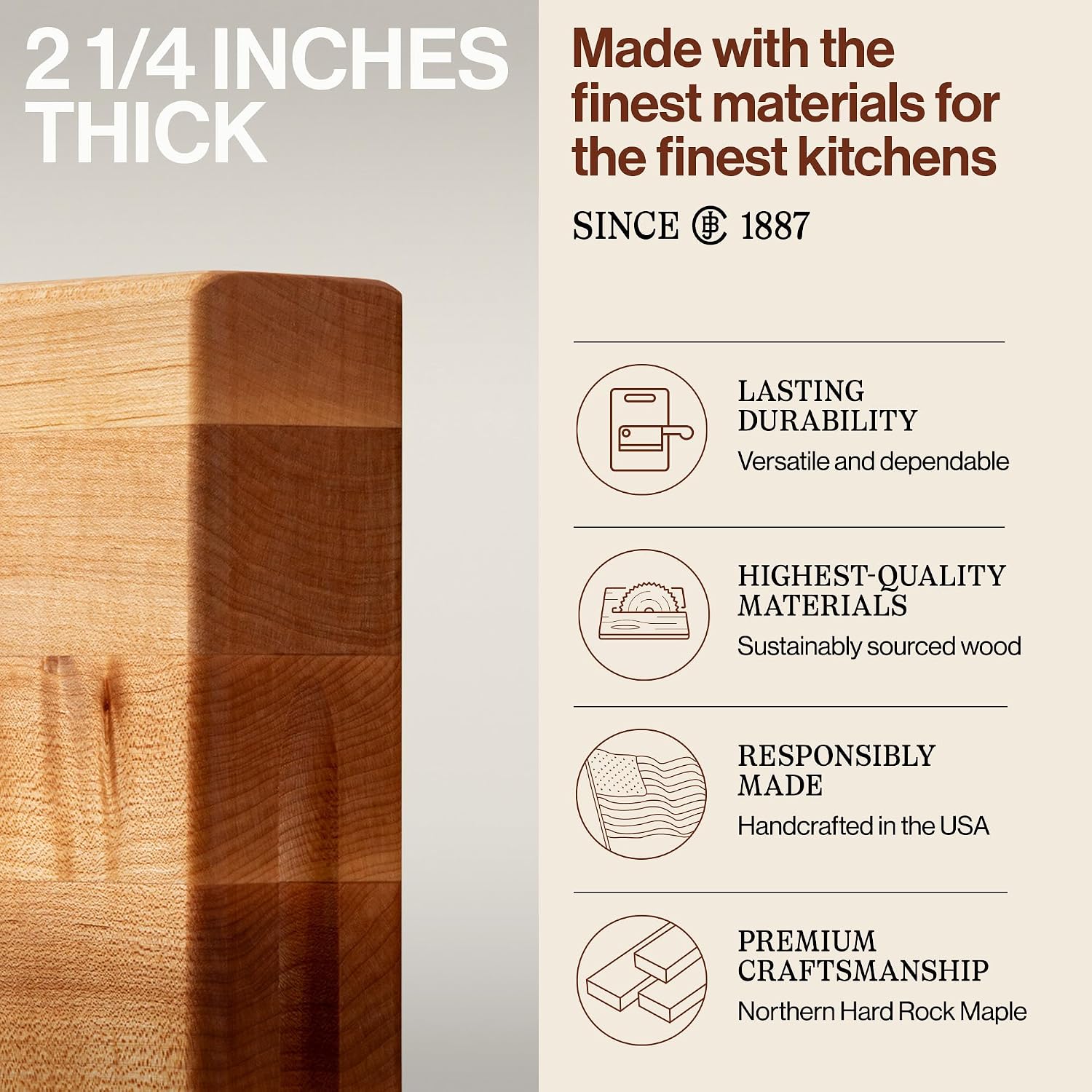 John Boos Handle Boards Series Rectangular Wooden Maple Cutting Board 24”x18” – 2.25” Thick, 30-lb Reversible Butcher Block with Juice Groove, Edge-Grain & Metal Handles