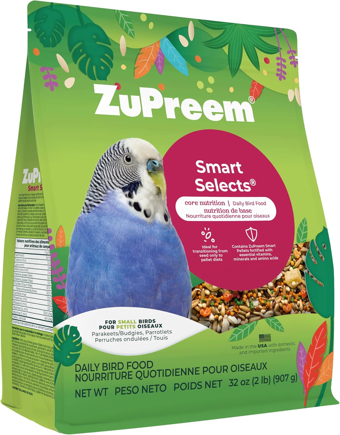 ZuPreem Sensible Seed Parakeet & Budgie Food, Variety Mixer, Small, 2 lb | Bird Food Mixer, Parrot & Parakeet Food, Budgie, Treats, Pellet Mix, Pumpkin Seeds, Safflower, Variety, Made in USA