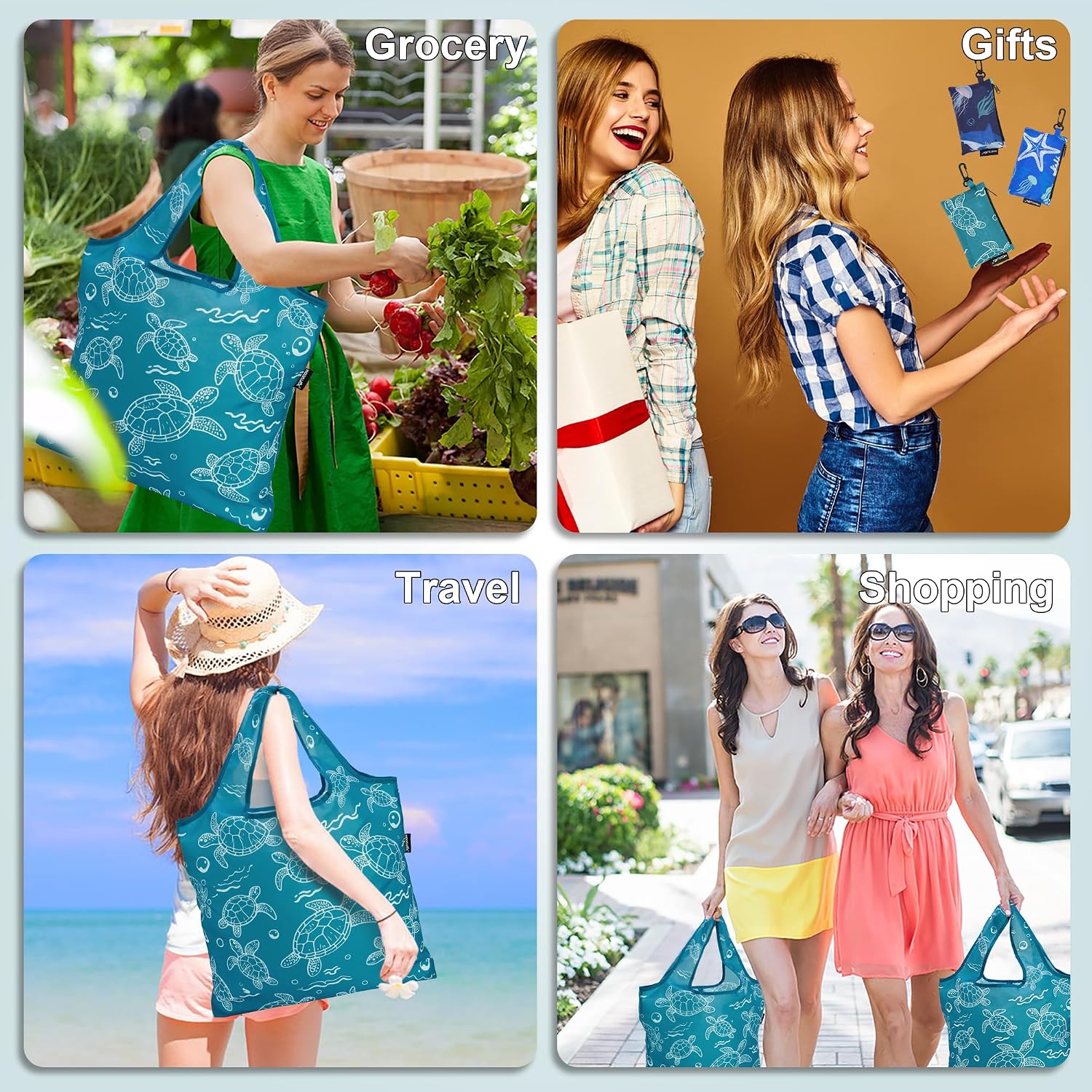 HOLYLUCK Reusable Grocery Bags,Heavy Duty Foldable Shopping Tote Bag (Standard, 3 Blue Geometric Flowers)