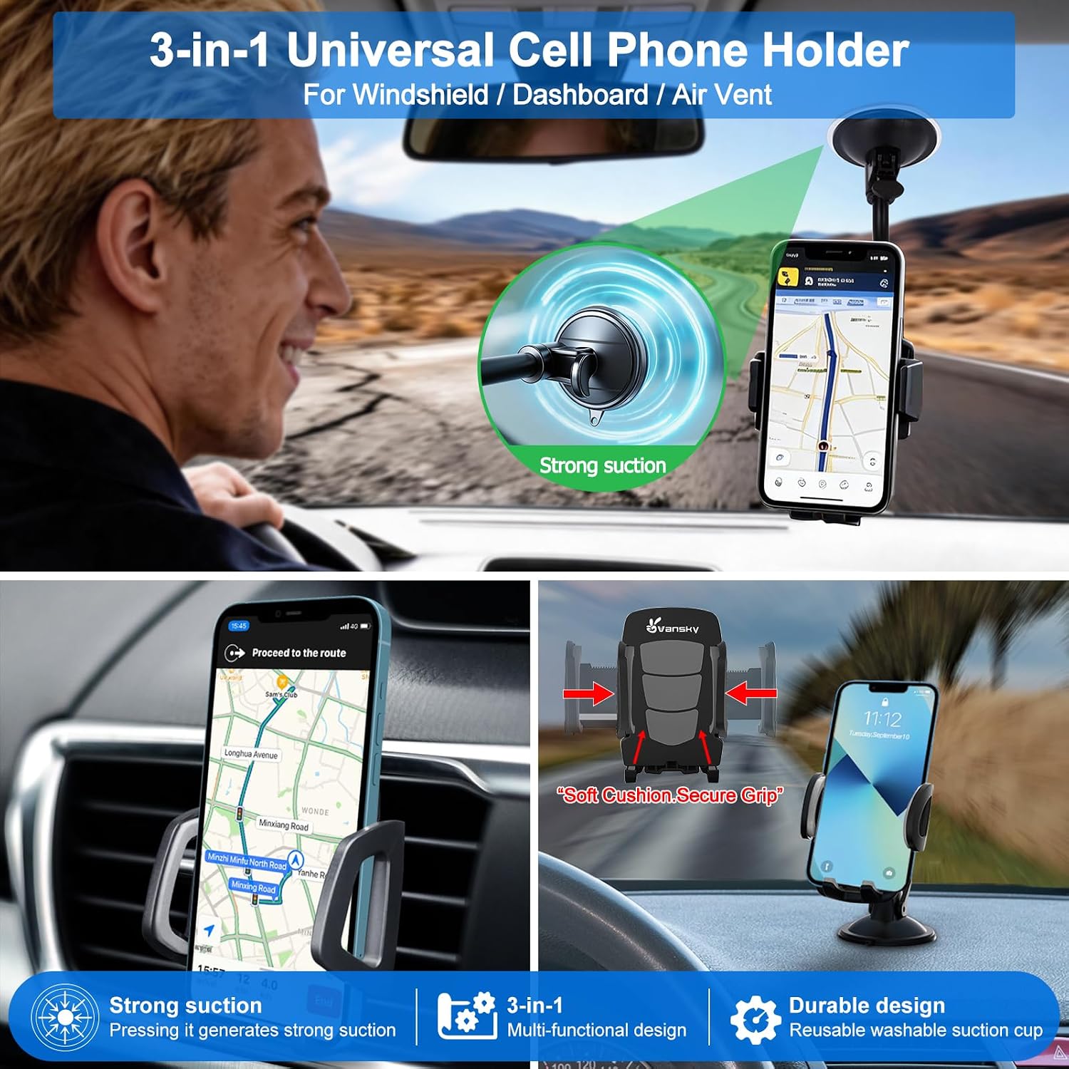 Vansky Stable Car Phone Holder: Clear Picture Even Over Speed Bumps | 3-in-1 Mount for Windshield Dashboard & Air Vent - Rock-Solid Grip on Potholes