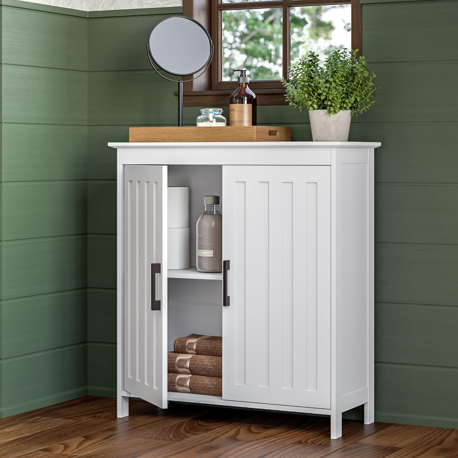 RiverRidge Monroe Two-Door Bathroom Floor Storage Cabinet - White | Linen Cabinet with Adjustable Interior Shelf and Soft Close Hinges