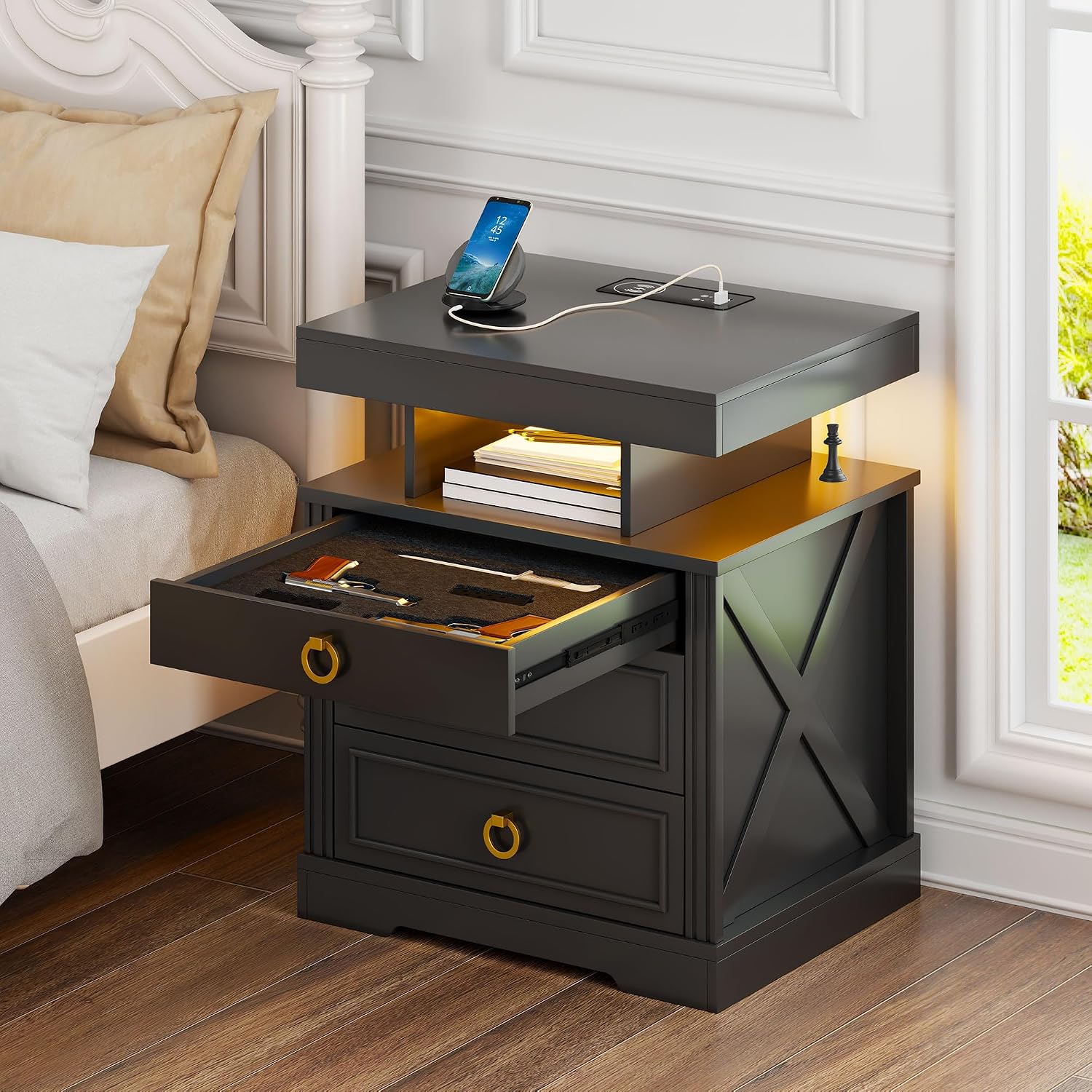 Lockable Night Stand with Gun Drawer,Charging Station,LED Lights,White | LED Nightstand with Charging Station,Farmhouse Bedside Table with 3-Color Light,End Table with 3 Drawers,Bedroom