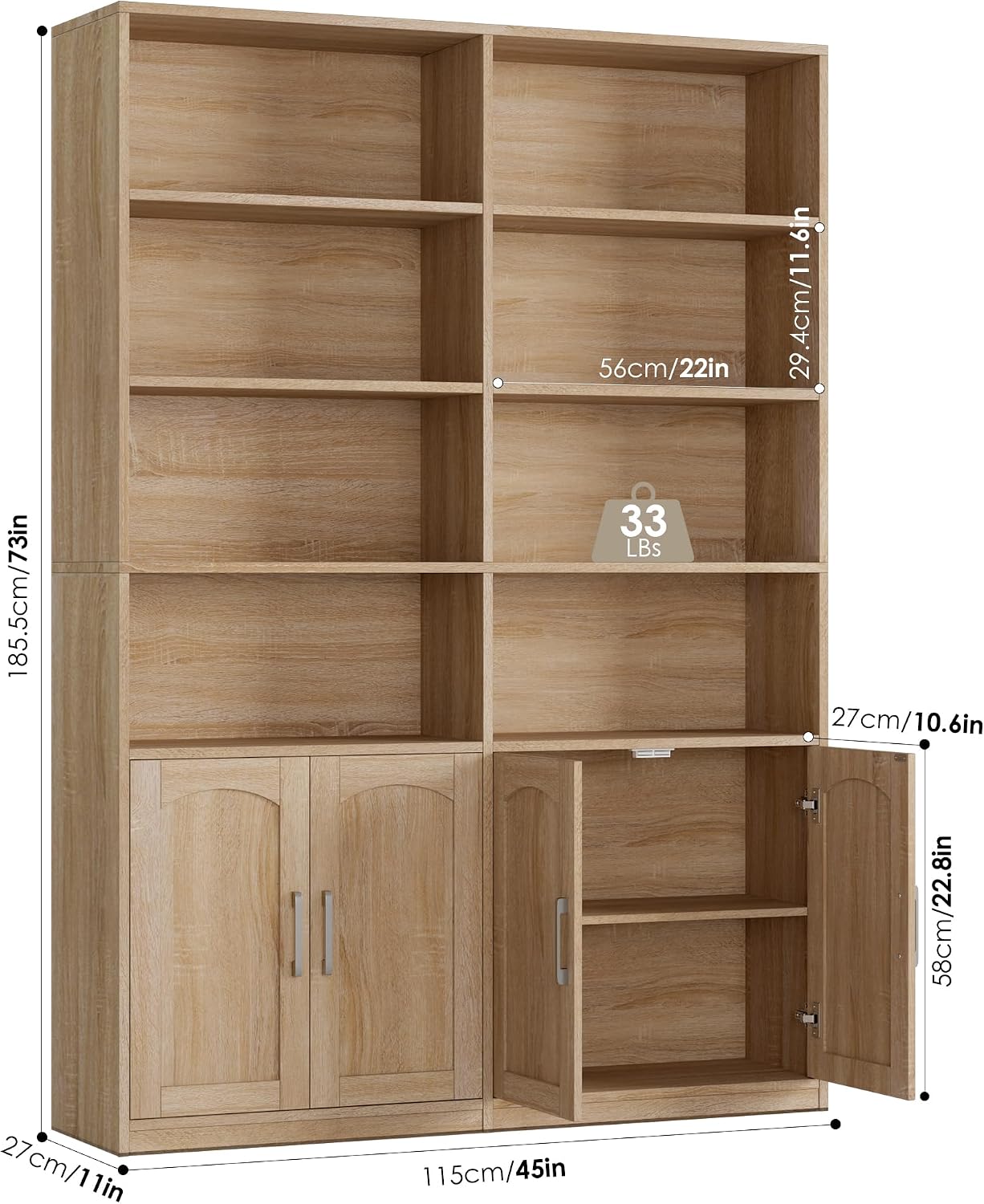 Bookshelf and Bookcase with Doors, Double Wide Large Bookshelves | Industrial Open Display Shelves 6 Tier, 73'' Tall Bookshelf with Storage Cabinets for Office,Home, Living Room, Library,White