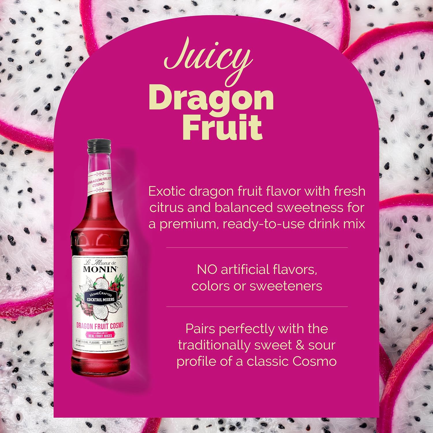 Monin - HomeCrafted Dragon Fruit Cosmo Cocktail Mix, Ready-to-Use Drink Mixer, Strawberry & Pear Blend, Made with Natural Flavors & Real Fruit Juice