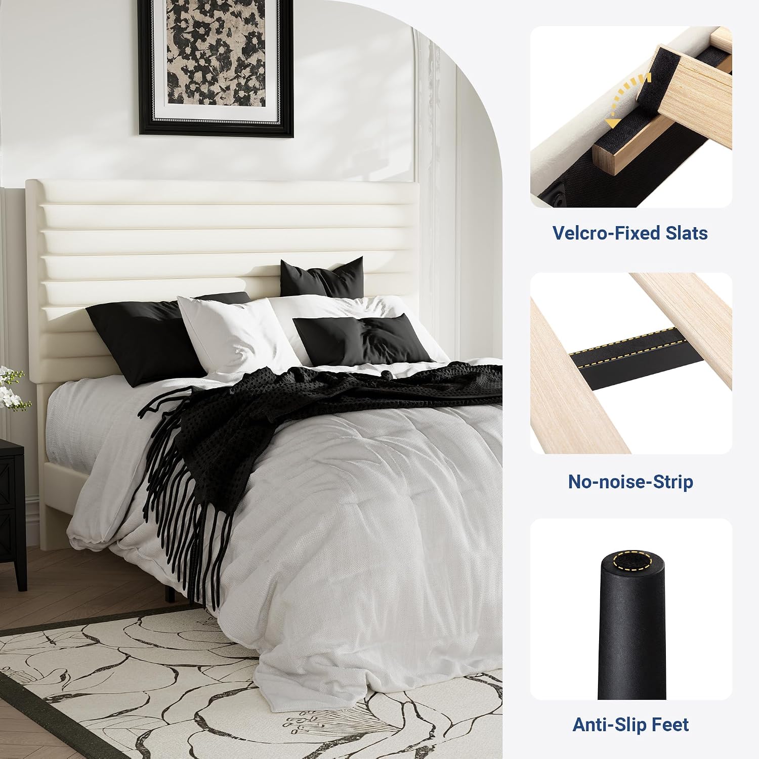 Allewie Queen Bed Frame, Velvet Upholstered Platform Bed with Adjustable Headboard, Horizontal Channel Design, Wood Slat Support, No Box Spring Needed, Noise Free, Easy Assembly, White
