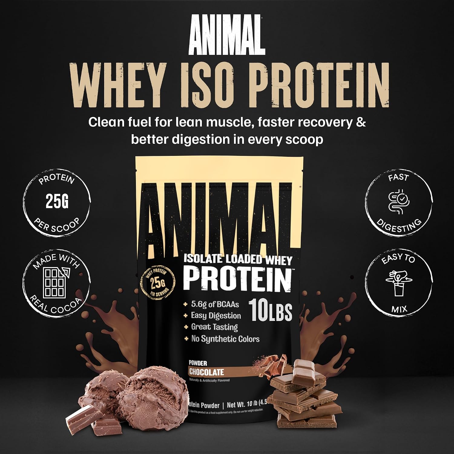 Animal Whey Isolate Protein Powder - Loaded for Pre & Post Workout Muscle Builder and Recovery with Digestive Enzymes for Men & Women - 25g Protein, Great Taste, Low Sugar - Chocolate 2 lbs