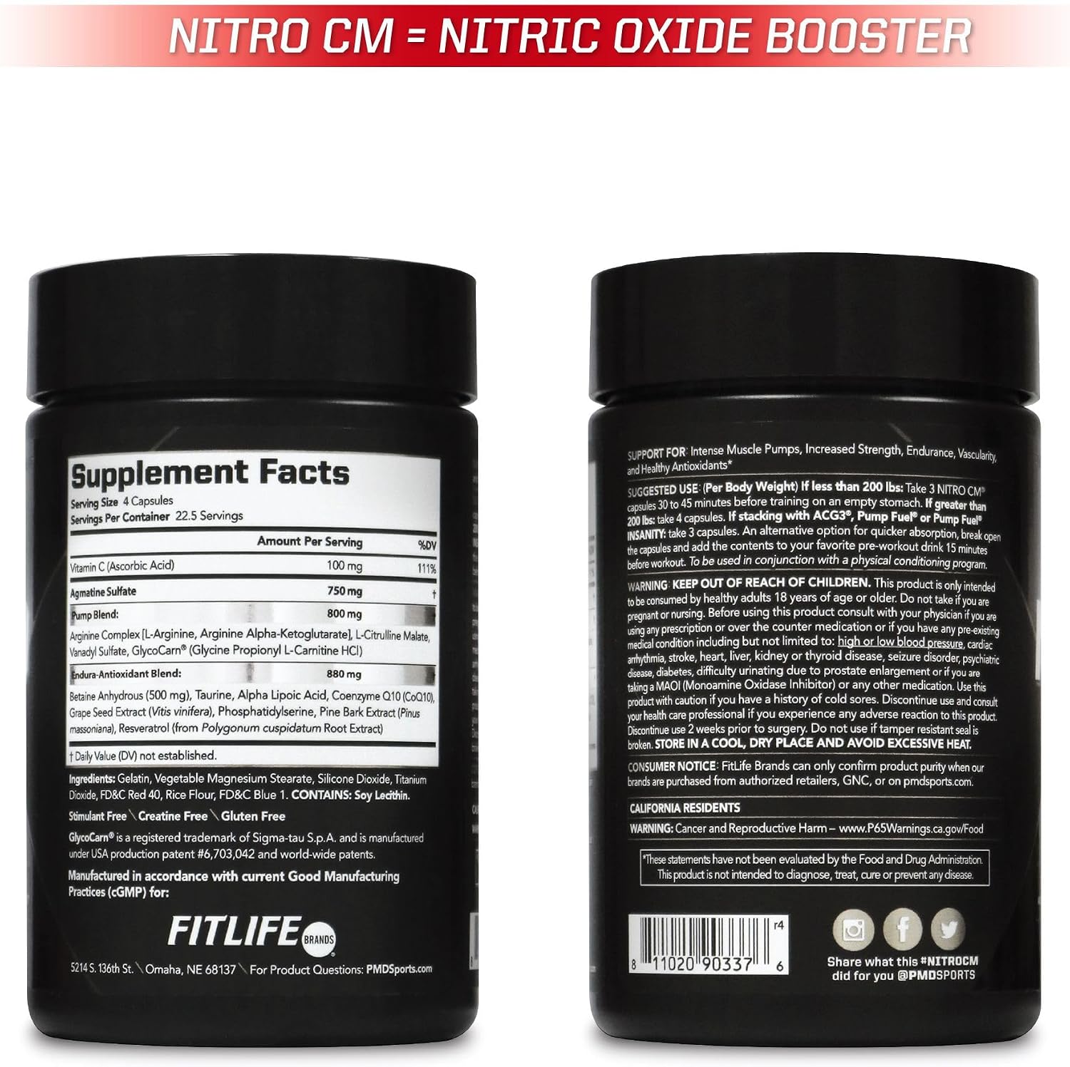 PMD Sports Nitro CM Nitric Oxide with Agmatine Supplement - 90 Capsules | Muscle Growth Support, Muscle Pump, L-Arginine, Endurance Antioxidants Boost, Hardcore Training and Bodybuilding Support