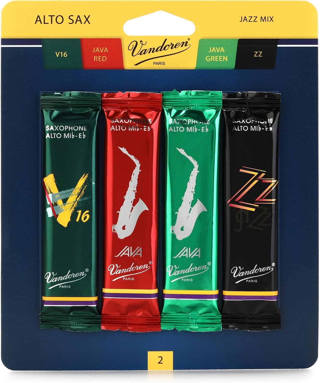 Vandoren SRMIXA3 Alto Sax Jazz Reed Mix Card includes 1 each ZZ, V16, JAVA and JAVA Red Strength 3