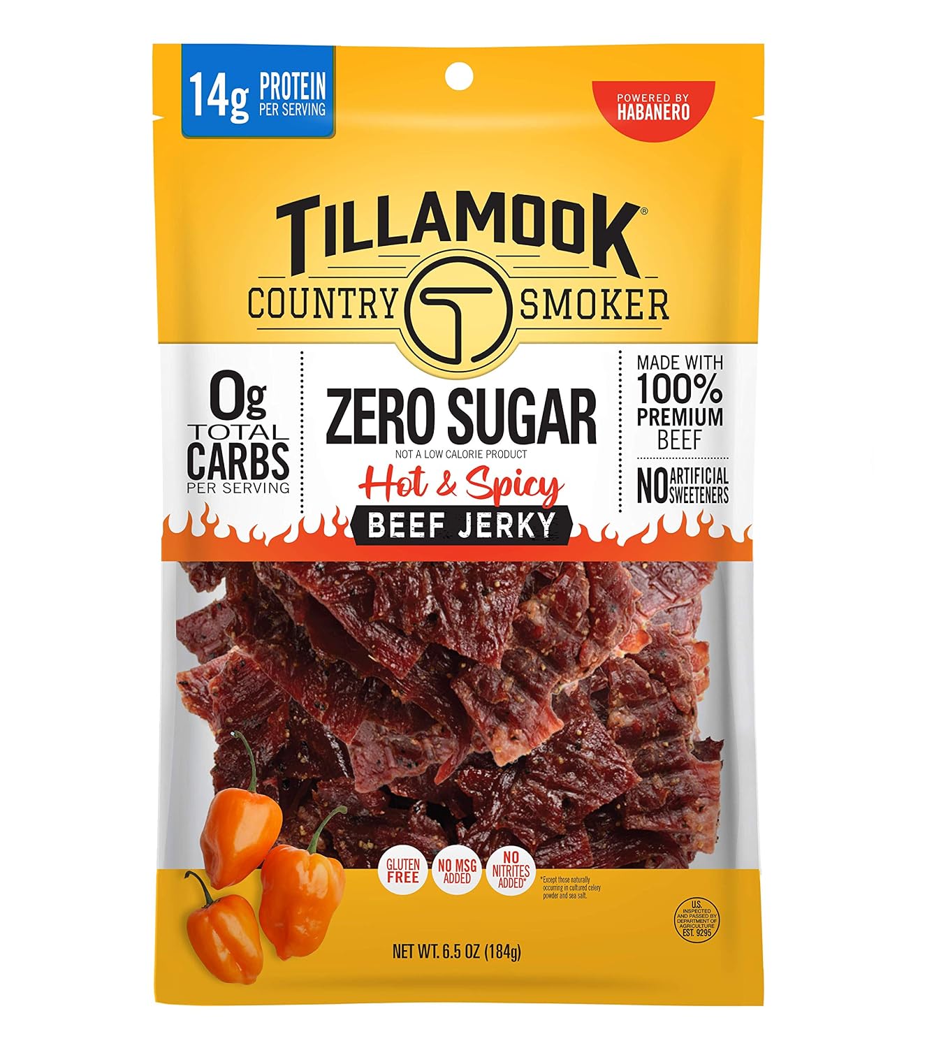 Tillamook Country Smoker Zero Sugar Original Beef Jerky Sticks, 6.5 Oz, 14g Protein, Real Hardwood Slow-Smoked, High Protein, Low Carb Meat Snacks, Keto-Friendly, 0g Sugar & Total Carbs