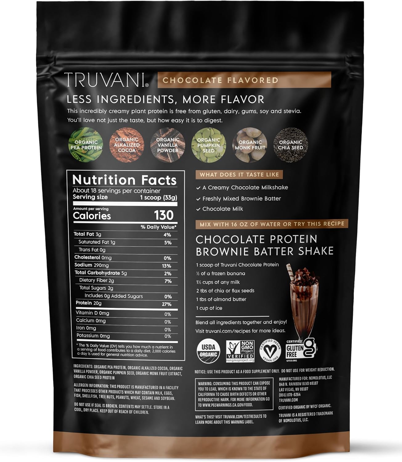 Truvani Organic Plant Based Protein Powder | Chocolate Peanut Butter