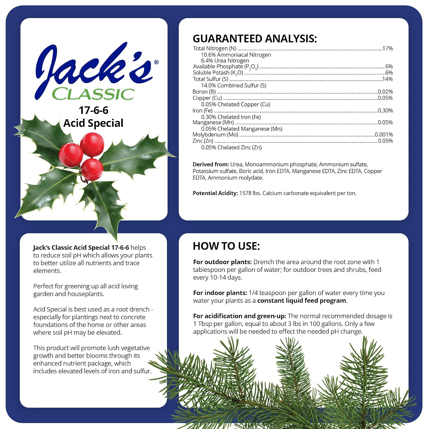 Jack's Classic 17-6-6 Acid Special Water-Soluble Fertilizer, 1.5lb | Powdered, Targeted Micronutrient Package, for Vegetative Growth and Blooms in Acid-Loving Plants, Liquid Root Drench