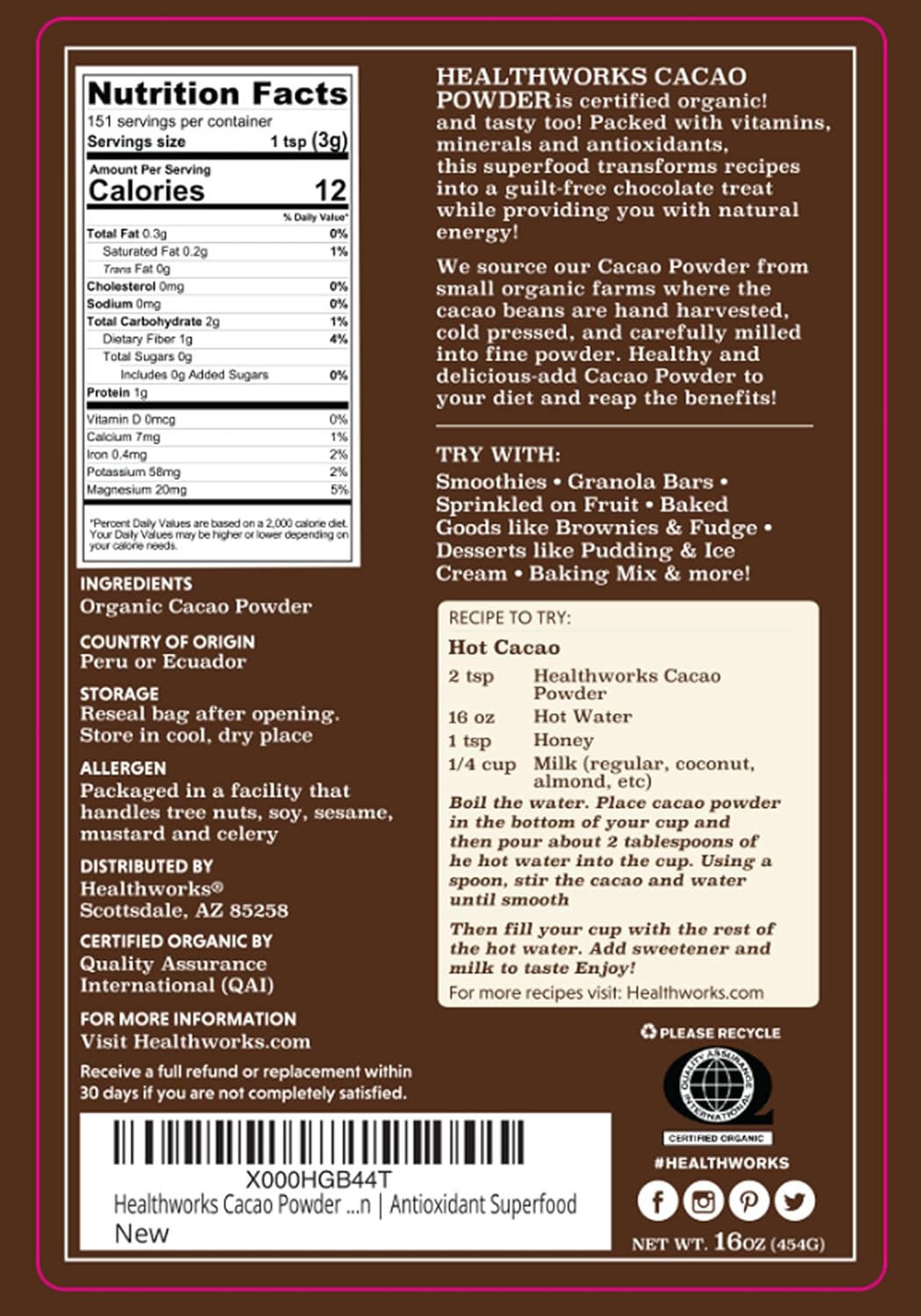 Healthworks Superfoods Organic Cacao Powder 1 lb Unsweetened Vegan Non-GMO | Organic, Unsweetened, Antioxidant, Magnesium, Non-GMO, Vegan, Keto, For Baking, For Smoothies, For Hot Chocolate, Paleo