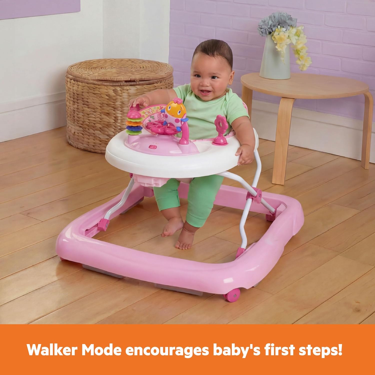 Bright Starts JuneBerry Walk-A-Bout Baby Walker and Entertainer, with Easy Fold Frame for Storage, Ages 6 Months +
