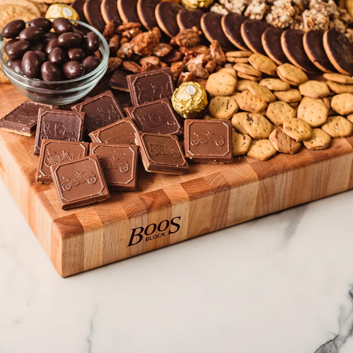 John Boos CCB Series Square Wooden Maple Cutting Board 18”x18” – 2.25” Thick, 22-lb Reversible Butcher Block with End-Grain & Finger Grips – Made in the USA