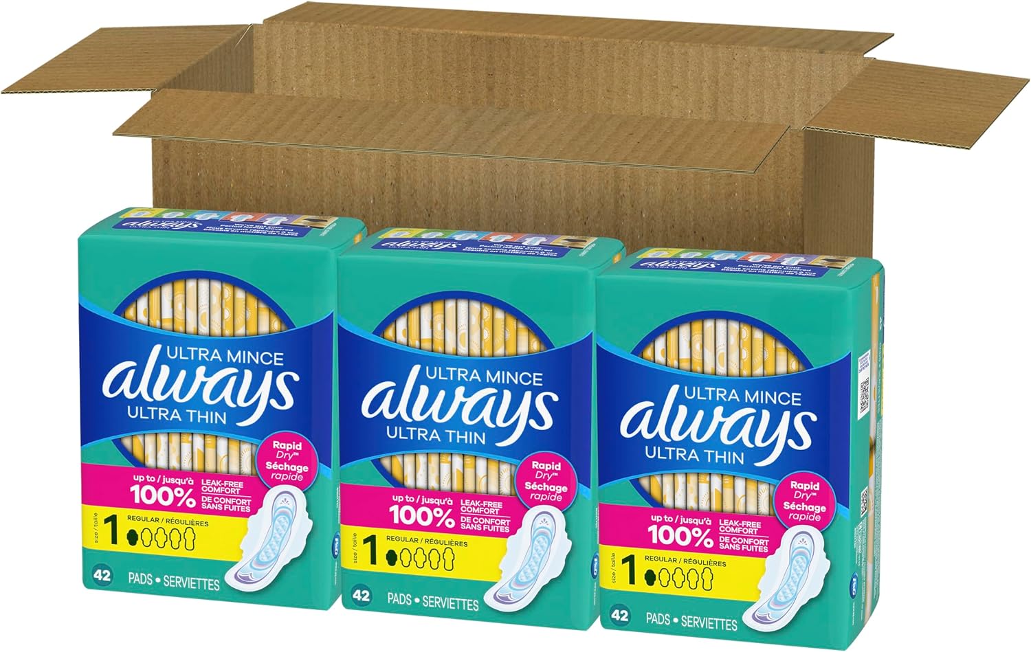 Always Ultra Thin Feminine Pads with Wings for Women, Size 1, Regular Absorbency, Unscented, Up to 100% Leak-Free Protection, 46 Count