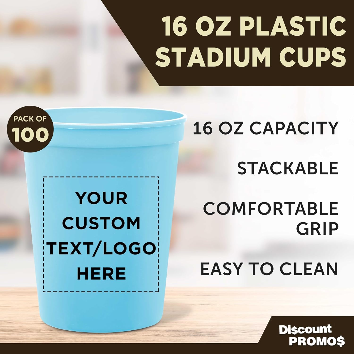 DISCOUNT PROMOS Custom Plastic Stadium Cups 16 oz. Set of 10/50/100, Personalized Bulk Pack - Perfect for Birthdays, Weddings, Picnic, Beach