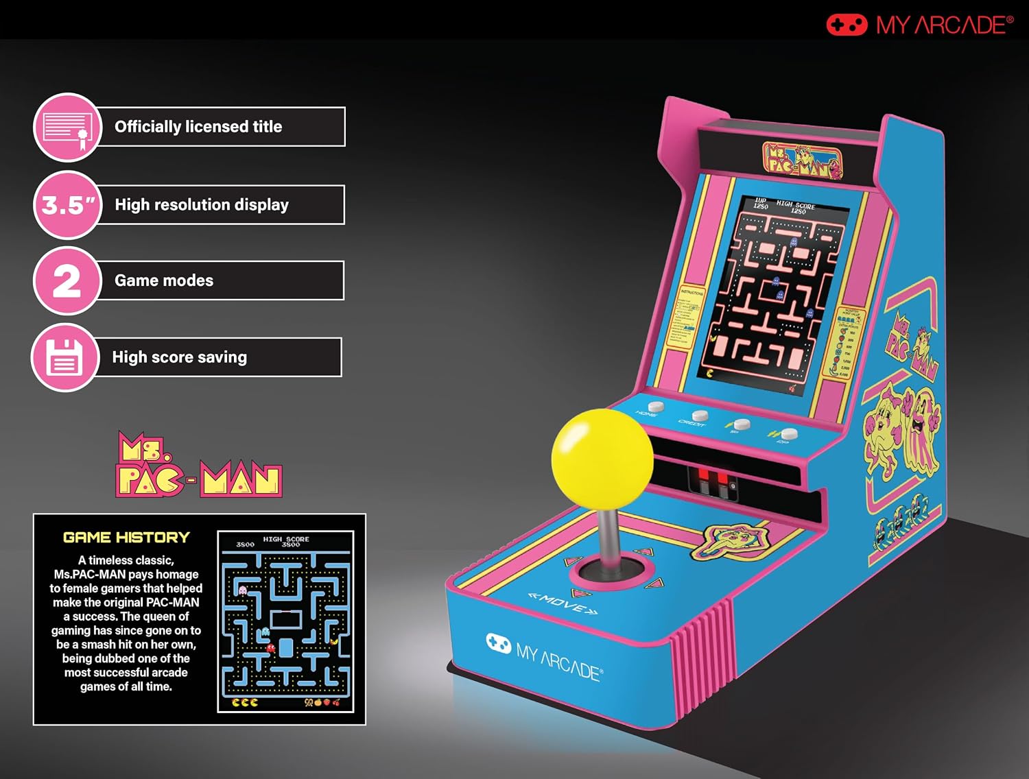 My Arcade Ms. Pac-Man Joystick Player: Retro Arcade Classics, 3.5" Screen | Handheld Games, Birthday Gifts for Kids and Adults, Collectibles